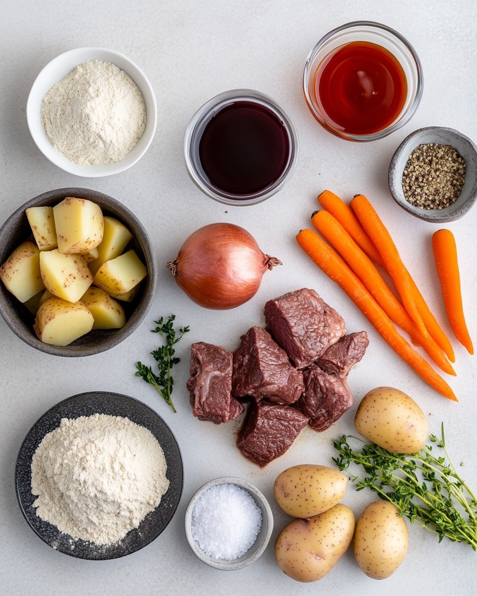 The image shows a rich beef stew in a dark round pot with red handles, filled with large chunks of brown cooked beef and bright yellow potato pieces scattered throughout. There are thick orange carrot slices and translucent, soft-cooked onion layers mixed evenly in the stew. The reddish-brown sauce looks thick and shiny, coating all the ingredients, with small green herb leaves sprinkled on top for garnish. The pot sits on a white marbled surface. photo taken with an iphone --ar 4:5 --v 7