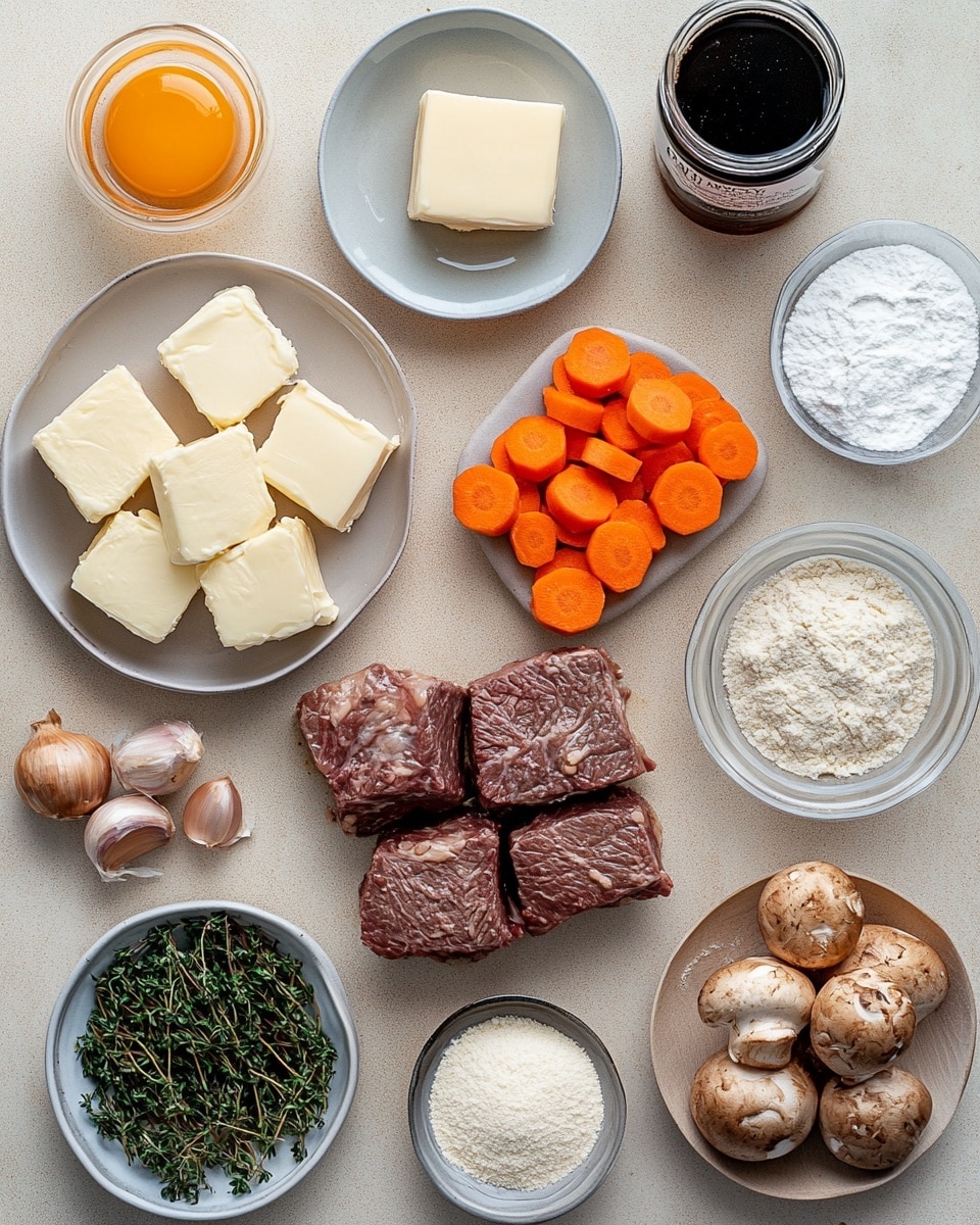 The image shows several small round white ramekins filled with golden brown puff pastry tops that are slightly puffed and have a flaky texture. Each ramekin has a thick crust that rises just over the edges, showing a few darker browned spots near the rim where the filling has touched the pastry. The ramekins are placed close together on a white marbled surface, and the background is softly blurred, keeping focus on the warm, baked pastries with their inviting golden colors and crisp surfaces. Photo taken with an iphone --ar 4:5 --v 7