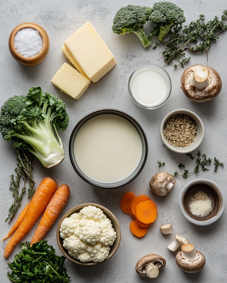 The image shows a white plate filled with roasted vegetables including cauliflower, broccoli, and small pieces of orange and yellow bell peppers, all mixed in a creamy white sauce. The cauliflower is golden brown on top with a crispy texture, while the broccoli is green with some roasted edges. The sauce pools slightly at the bottom and is garnished with small green herb bits. There is a silver fork on the right side of the plate holding a piece of cauliflower. The plate is placed on a light beige cloth over a white marbled surface. Photo taken with an iphone --ar 4:5 --v 7