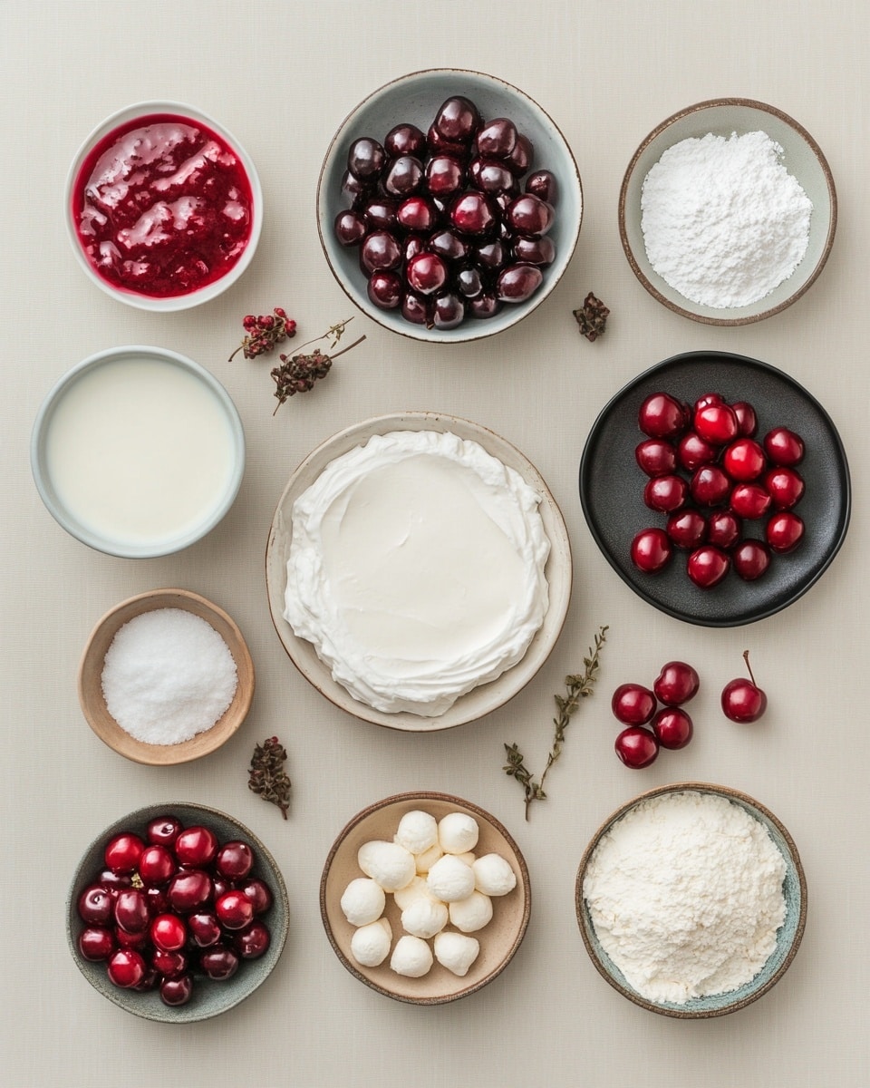A white plate holds a dessert with two main layers: the bottom layer is soft, fluffy white cream with a light, airy texture, and on top is a bright red cherry topping that looks shiny and thick with whole cherries visible, adding depth and shine. A silver spoon rests on the plate under the dessert, and the plate sits on a white marbled surface. Part of a white baking dish filled with the same cherry topping and white creamy layer is visible on the left side. Two metal spoons on a white cloth with black lines are placed near the bottom left corner of the image. Another white plate with the same dessert is partially visible on the right side. photo taken with an iphone --ar 4:5 --v 7