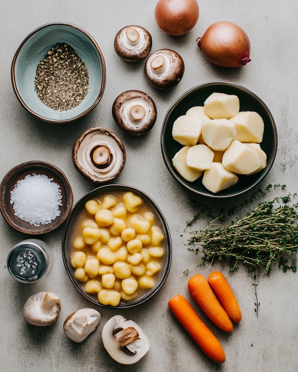 A thick, creamy stew is held by a ladle above a pan filled with the same dish. The ladle shows layers of soft yellow gnocchi, bright green peas, orange carrot cubes, slices of light beige mushroom, and shredded pale chicken mixed in a smooth, light beige sauce. Small green herbs are sprinkled over the stew, adding texture and color. The background is a white marbled surface with blurred white dishes and silver utensils, emphasizing the warmth and richness of the stew. photo taken with an iphone --ar 4:5 --v 7