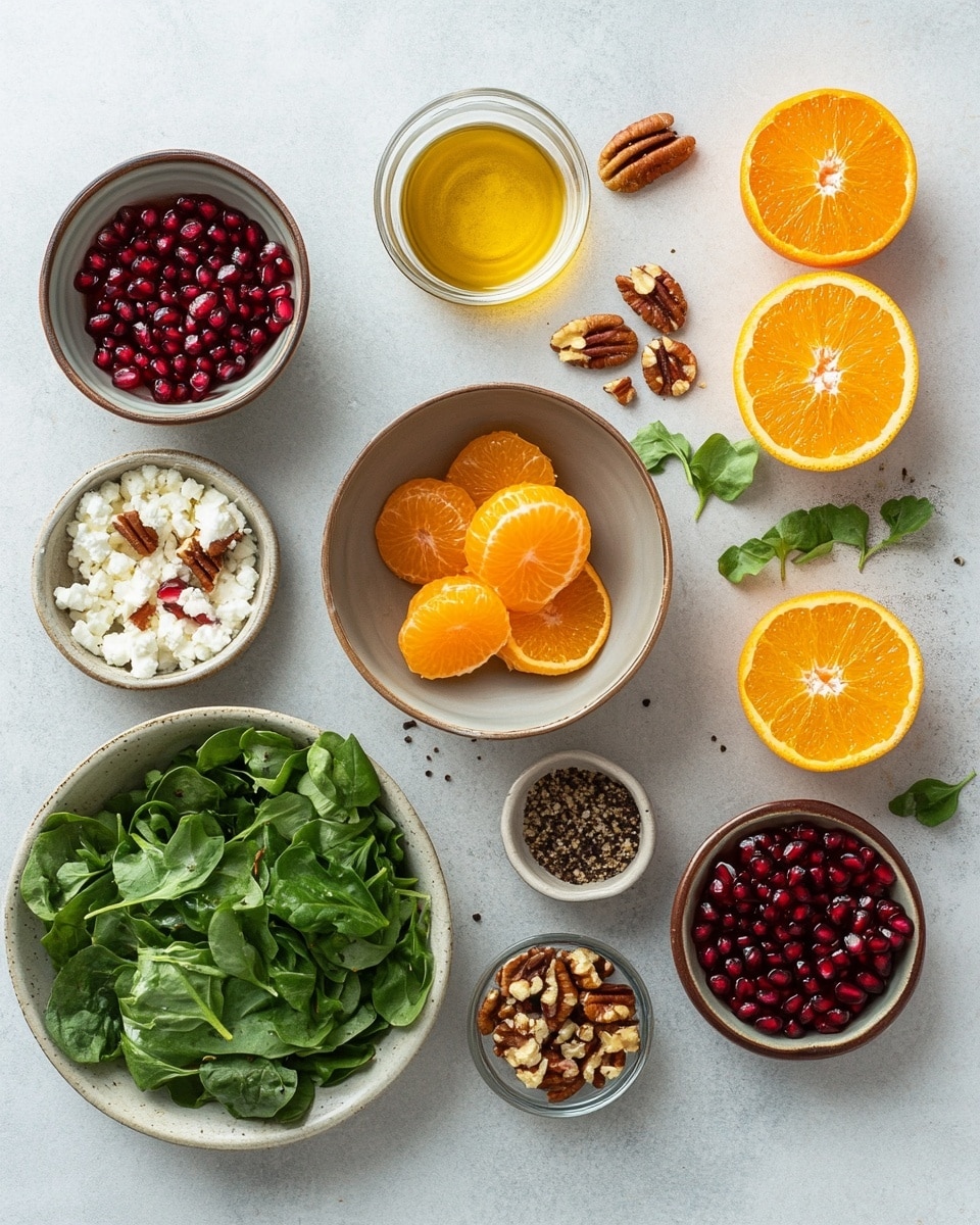 A close-up view of a colorful salad served in a white bowl, showing layers of mixed green lettuce leaves at the bottom with bright orange mandarin slices, red pomegranate seeds, and small brown candied nuts scattered on top. White crumbled cheese pieces are sprinkled evenly over the salad, adding a light texture contrast. The background shows another bowl of the same salad, and the scene is set on a white marbled surface with a soft focus. Photo taken with an iphone --ar 4:5 --v 7