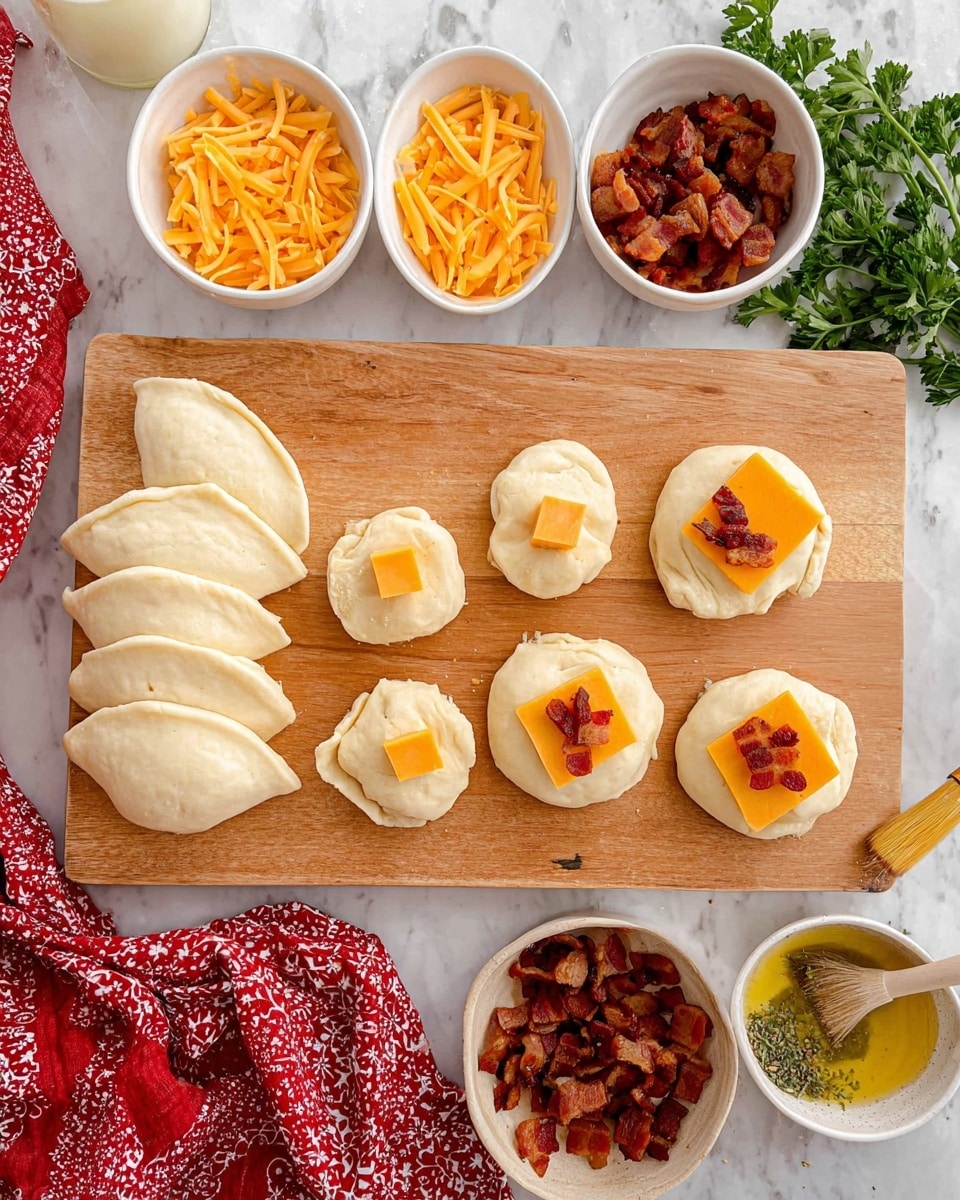The image shows a wooden board on a white marbled surface with eight small dough rounds, four folded in half and four stacked on each other at the left side. On four of the folded dough pieces at the center of the board, each topped with one square of orange cheese and small pieces of cooked bacon. Above the board are several small white bowls containing cubed orange cheese, shredded orange cheese, cooked bacon pieces, a brush lying on a bowl with melted butter, and dried green herbs. Fresh green parsley is partially visible at the top left corner with a red and white patterned cloth draped along the bottom left side. The overall scene looks like a preparation stage for stuffed dough appetizers photo taken with an iphone --ar 4:5 --v 7
