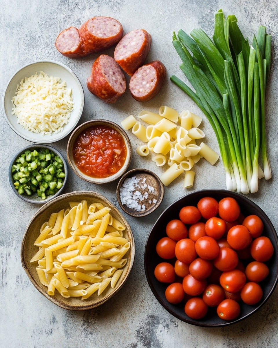 A close-up view of a cheesy pasta bake in a deep pan, showing three layers: the bottom layer of cooked pasta with wavy edges in a light yellow color, the middle layer with round slices of browned sausage in reddish-brown, and the top layer covered in melted golden cheese with a slightly bubbly texture, sprinkled with bright green chopped scallions scattered evenly across. The entire dish glistens with warmth and a few spots of baked sauce peek through. The background and surface are white marble textured photo taken with an iphone --ar 4:5 --v 7