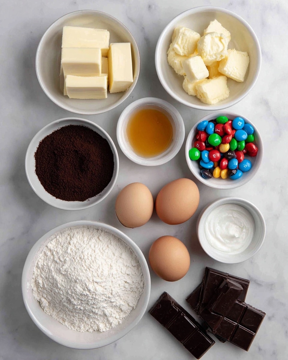 A flat lay image displays ten small white bowls and three brown eggs on a white marbled surface. The largest bowl at the bottom left holds a heap of white flour with a powdery texture. Above it, a bowl contains off-white butter chunks stacked irregularly. To the right of the butter, a small bowl holds golden syrup with a smooth surface. Next to the syrup, another bowl is filled with dark brown finely ground coffee or cocoa powder. Below the syrup, a small bowl contains fine white sugar crystals, and next to it are three brown eggs closely placed together. Toward the right middle, a bowl is filled with multicolored M&M candies, showing blue, red, green, yellow, and brown pieces. At the bottom right, a white bowl holds several squares of dark chocolate with a glossy finish. Near the middle left, a bowl contains a thick white liquid, possibly cream. The overall arrangement is neat with bowls spaced evenly on the white marbled texture. Photo taken with an iphone --ar 4:5 --v 7