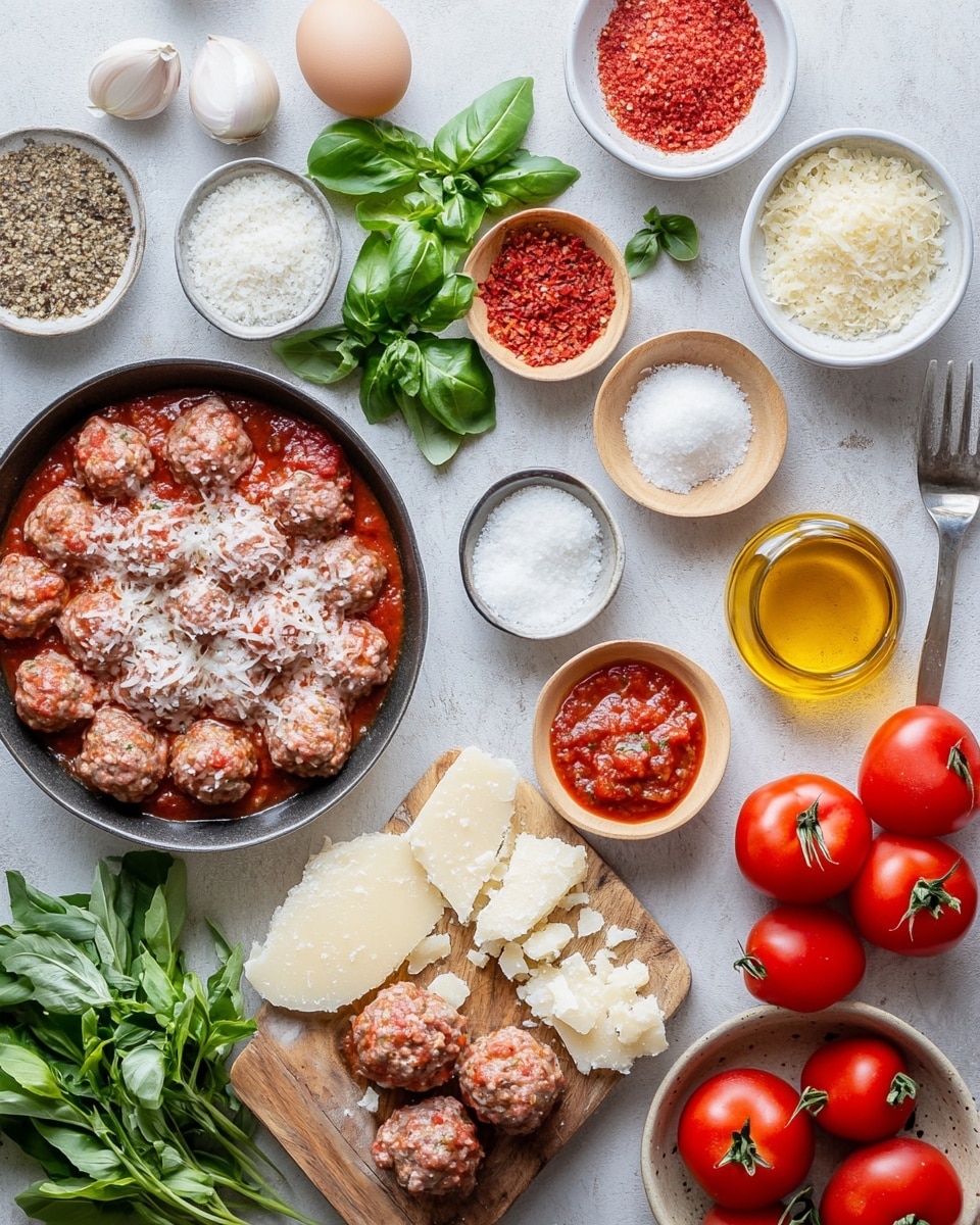 A white rectangular baking dish filled with fourteen brown meatballs arranged close to each other in a rich, dark red sauce. The meatballs have a shiny, slightly crispy outer texture, coming from baking in the sauce. Small bits of melted cheese and green leafy herbs are sprinkled over the top, adding a touch of creaminess and freshness. The edges of the baking dish show some sauce stains, giving a homemade feel. The dish rests on a grey cloth against a white marbled surface. A spoon and a fork lie on the right side of the dish, ready to serve. photo taken with an iphone --ar 4:5 --v 7