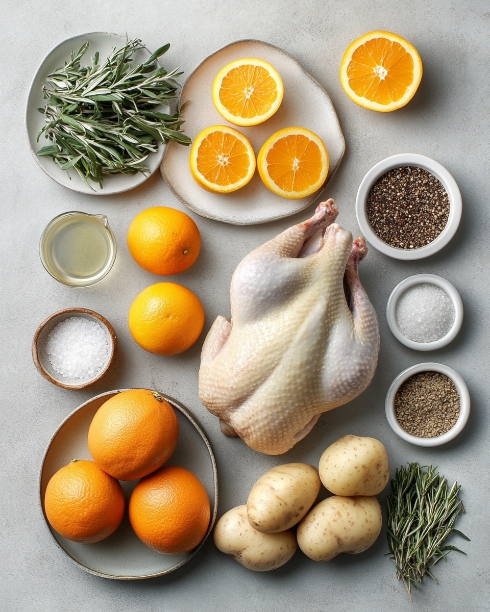 A whole roasted duck with deep golden brown crispy skin covers the entire center of a white oval plate with blue pattern around the edge. The duck's legs and wings are stretched out, showing a textured surface with a rich glaze. Below and around the duck, there are many chunky roasted potato pieces with golden brown skin and soft inner texture, filling the plate edges. The plate is placed on a white marbled surface. photo taken with an iphone --ar 4:5 --v 7