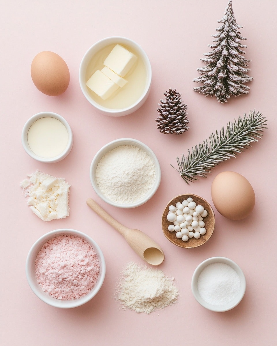 The image shows three Christmas tree-shaped cookies on a white round plate. Each cookie has smooth, light pink icing covering the entire top layer with thin, wavy lines of white and light blue icing looping across in a garland pattern. Tiny shiny silver balls are placed along the loops at regular intervals. The cookies have a golden brown edge showing beneath the pink icing. The plate is placed on a white gift box with gray polka dots and a pale pink ribbon. In the background, there is a cup filled with light brown coffee or tea, and the setting is on a white marbled surface. Photo taken with an iphone --ar 4:5 --v 7