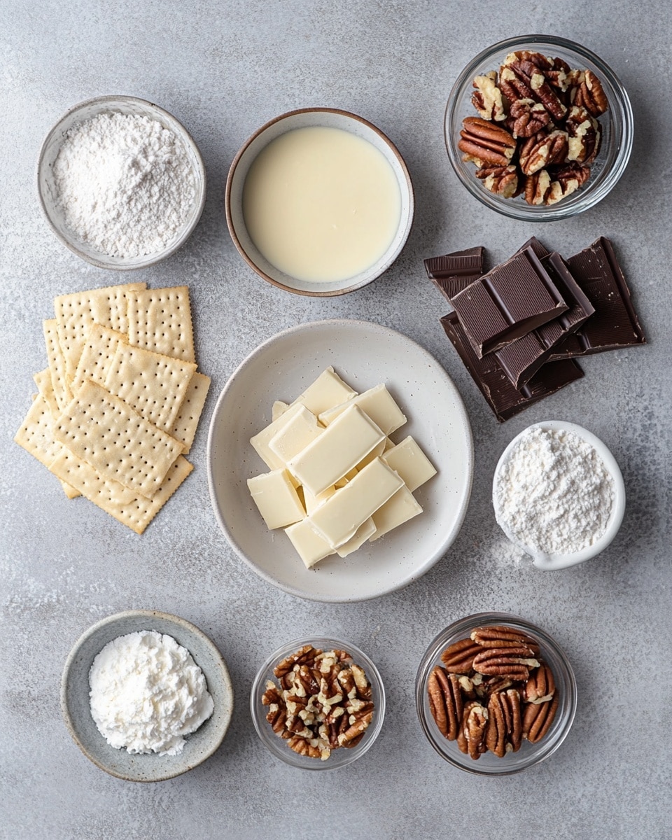 The image shows a pile of nut-covered white chocolate bark pieces placed in a white paper-lined white container. Each piece has two layers: the bottom layer is a light golden brown with a rough texture, and the top layer is smooth, creamy white chocolate. The white chocolate layer is sprinkled with small, chopped light to dark brown pecan nuts spread unevenly across the surface. The pieces are various irregular shapes and sizes, stacked casually with some overlapping. The background features a soft focus white marbled texture. photo taken with an iphone --ar 4:5 --v 7