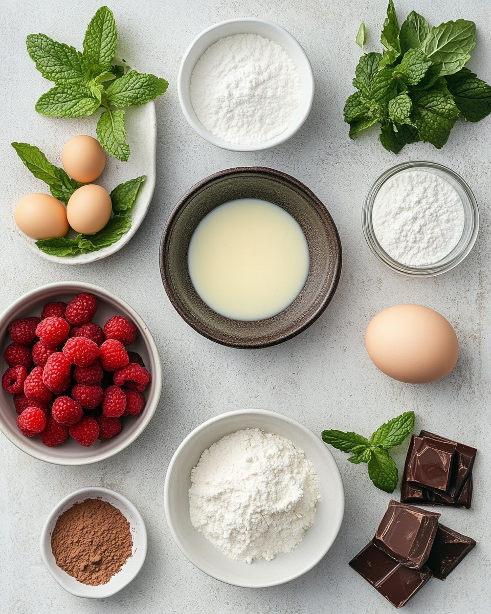 A round cake with two layers sits on a white plate on a white marbled surface. The bottom layer is dark brown with a firm texture, and the top layer is thick, creamy, and light beige, covering the entire top and sides smoothly. On top of the cake, there is a loose pile of red raspberries and sliced strawberries, dusted with white powdered sugar. Small green mint leaves are scattered among the berries, adding a fresh contrast. The scene has a festive feeling with some blurred green and red decorations in the background. Photo taken with an iphone --ar 4:5 --v 7