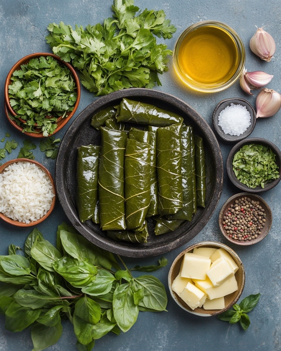 A white oval plate with a faint blue pattern holds two layers of shiny dark green grape leaf rolls stacked tightly. On top of the rolls, three thin lemon slices are spread evenly. Around the rolls are fresh green parsley leaves, with two red tomato wedges and a small white bowl filled with white sauce speckled with green herbs placed near the bottom edge. The plate rests on a white marbled surface. photo taken with an iphone --ar 4:5 --v 7