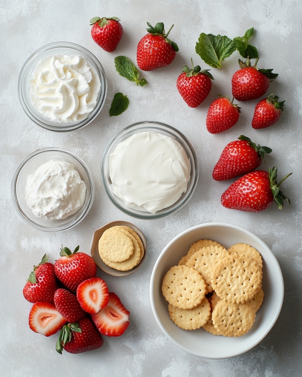 A round, two-layer pink cake with a smooth, creamy texture topped with twelve evenly spaced white whipped cream swirls around the edge. Six of these swirls each have a half of a bright red strawberry with green tops placed on top. The cake sits on a white plate with a small blue flower pattern around the rim, which is placed on a white marbled surface. A silver cake server with a floral design and a blue scalloped plate with two forks are nearby, along with a white napkin embroidered with colorful flowers. Photo taken with an iphone --ar 4:5 --v 7