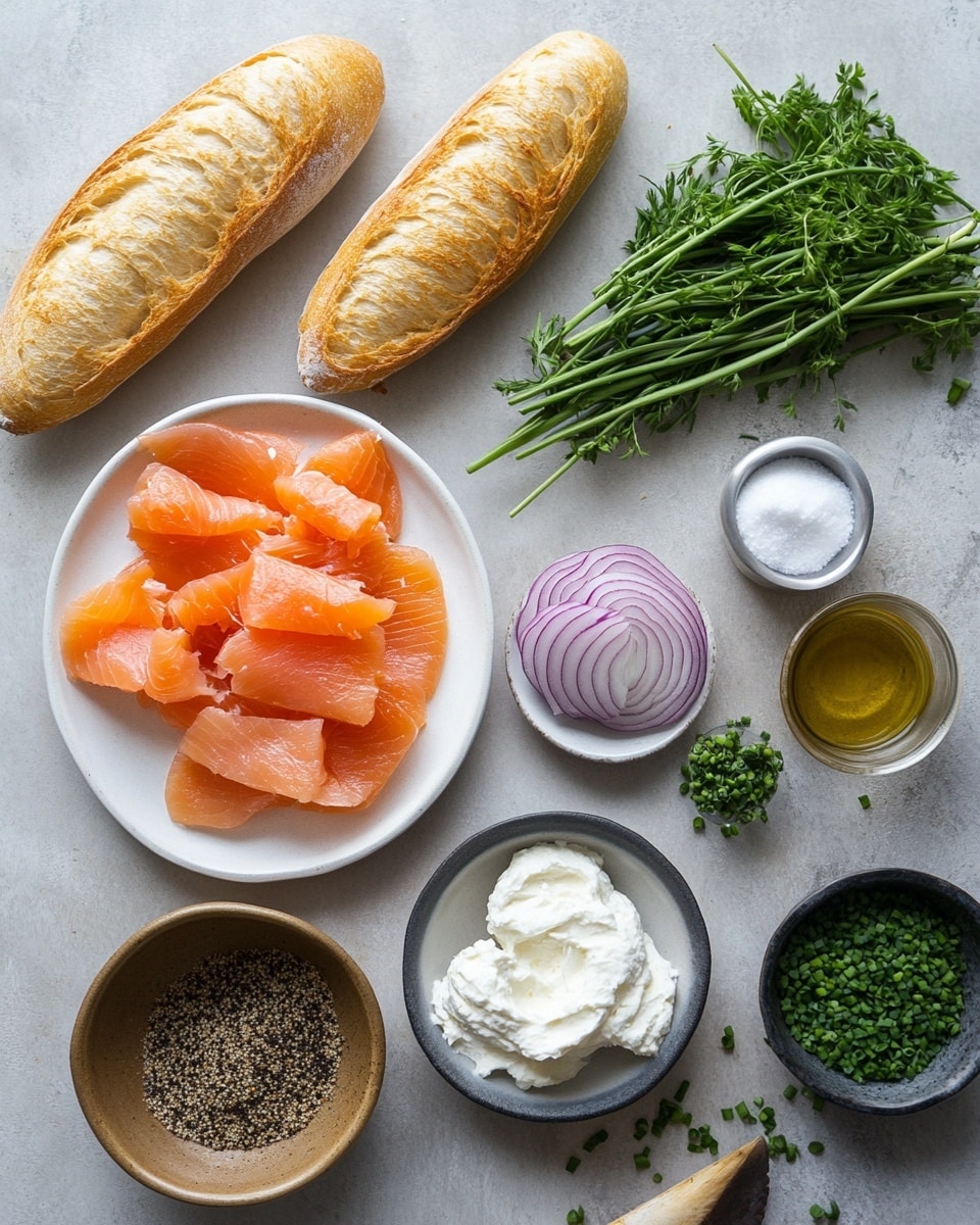 A large white oval plate holds seven pieces of toasted baguette, each topped with a smooth layer of white cream cheese. On top of the cheese are thin, folded slices of bright orange smoked salmon, creating a soft, glossy texture. Thin, curved slices of light purple-red onion are scattered over the salmon on each piece. Small green chive pieces are sprinkled evenly over everything, adding a fresh pop of color. Tiny black and white sesame seeds and light brown seasoning flakes are spread across the plate and around the food, giving a bit of texture and contrast. The scene is set on a white marbled surface with a small dark plate holding two more similar toasts in the bottom right corner. photo taken with an iphone --ar 4:5 --v 7