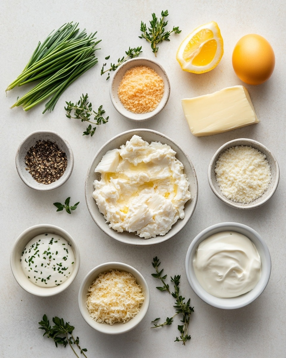 The image shows a group of golden brown mini muffins arranged closely together on a white marbled surface. Each muffin has a slightly rough, bumpy top texture with visible small green herb spots and chunks of light-colored ingredients, suggesting a savory flavor. To the left of the muffins, there is a clear glass bowl filled with a creamy white sauce speckled with green herbs, adding a smooth contrast to the muffins' crusty texture. The lighting highlights the muffins’ golden edges and the sauce’s smooth, creamy surface, giving a fresh, appetizing look. Photo taken with an iphone --ar 4:5 --v 7