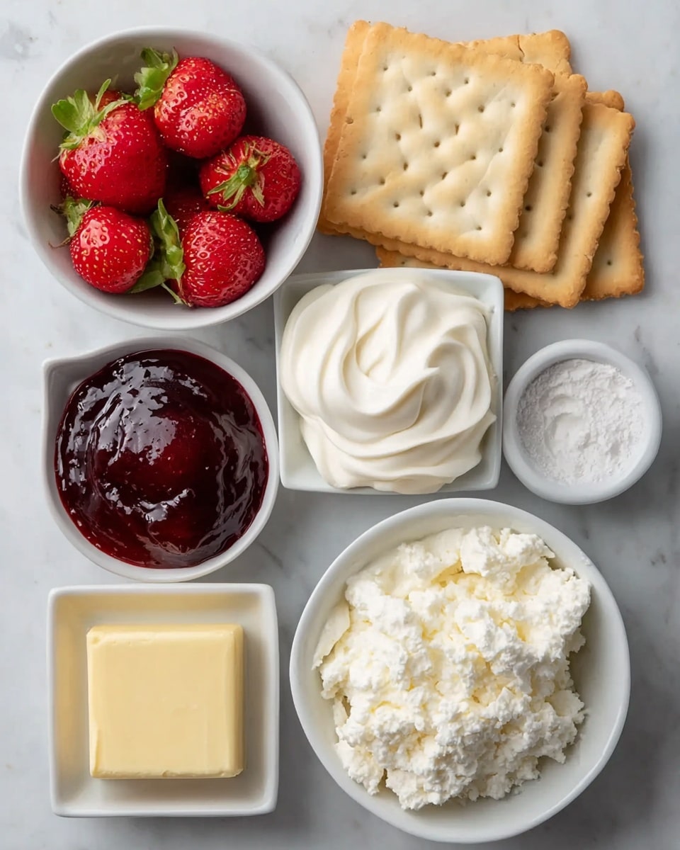 The image shows several small white bowls arranged on a white marbled surface, each containing different ingredients. There are six strawberries in one bowl, bright red with green leaves, and three square beige crackers stacked nearby. A small white bowl holds a pat of pale yellow butter, while another has fluffy white cottage cheese. A bowl of white granulated sugar sits next to a container of glossy, dark red jam. Two more bowls contain creamy white substances with smooth, swirled textures, likely whipped cream and sour cream. The scene is clean and arranged neatly, all on a white marbled background. photo taken with an iphone --ar 4:5 --v 7