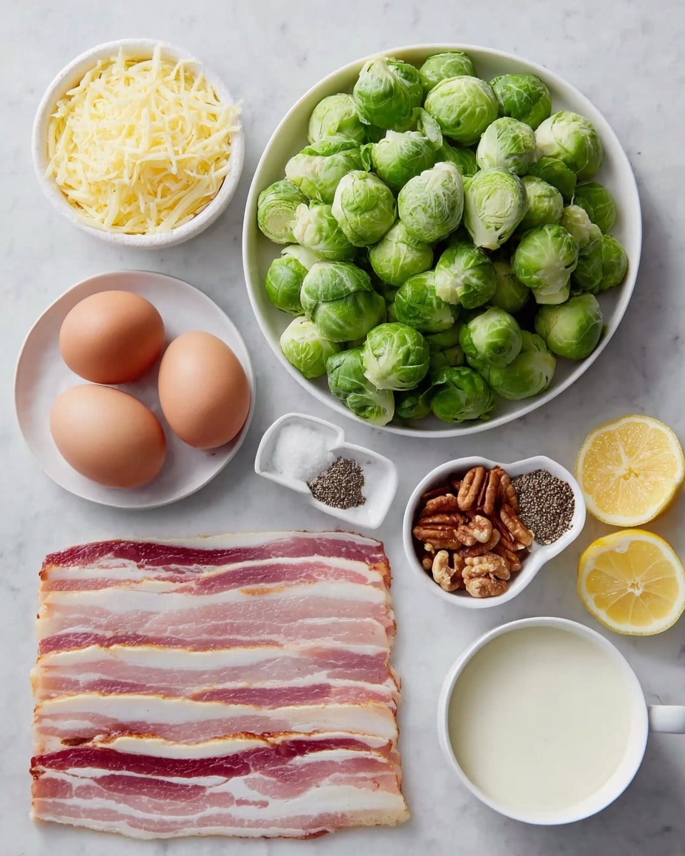 A white plate full of bright green Brussels sprouts sits in the top right corner on a white marbled surface. To the left, a white cup filled with thick white cream is placed. Below the cream, a small white bowl holds mixed pecans and pine nuts. Under that, another small white bowl contains black pepper. In the center, there are several raw bacon strips stacked neatly on the white marbled surface, showing red and white fat streaks. To the right of the bacon, a small white bowl is filled with shredded cheese. At the bottom right, a white plate holds four brown eggs. Near the bottom left, two lemon slices lie next to a small bowl of shredded cheese and a small bowl with salt and pepper. The overall colors are greens, reds, whites, and browns, all set on a clean white marbled surface. photo taken with an iphone --ar 4:5 --v 7