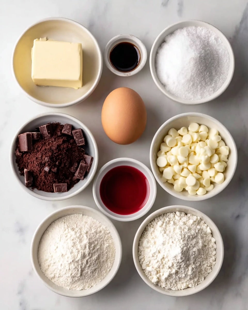 The image shows eight small white bowls and an egg arranged neatly on a white marbled surface. From top left, there is a bowl with a rectangular block of pale yellow butter, next to a light brown egg. To the right is a bowl full of white granulated sugar. Below the butter bowl is a bowl filled with dark brown cocoa powder with some chunky bits, and beside it, a smaller bowl with a dark liquid, likely vanilla extract. To the right of that is another small bowl with a reddish liquid. Below these, there is a bowl filled with white round chocolate chips and next to it, a bowl piled with white flour. Another bowl of white powdered sugar is positioned between the cocoa powder and flour bowls. The ingredients are cleanly separated and well-lit, with no other objects in view photo taken with an iphone --ar 4:5 --v 7