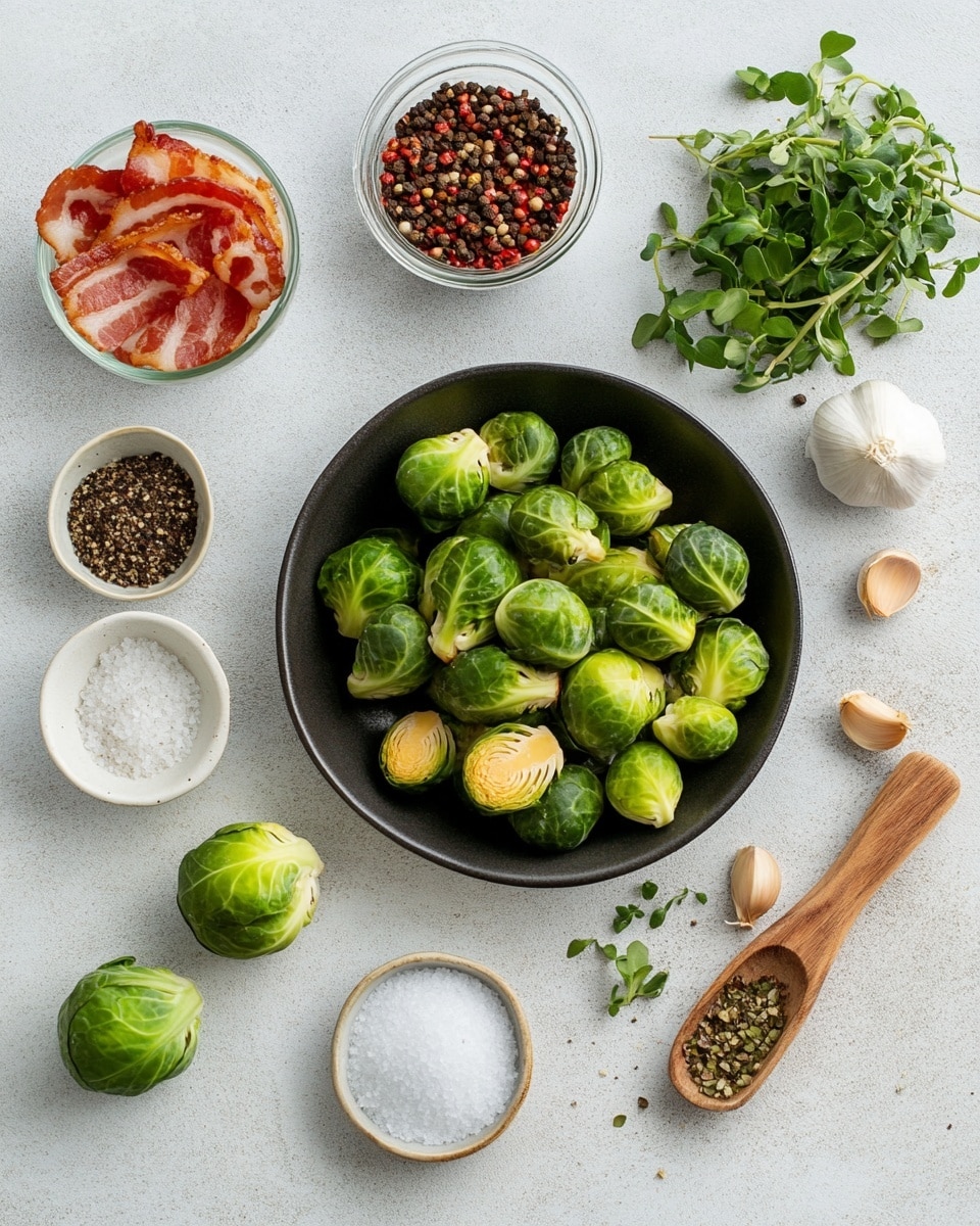 A close-up view of a black skillet filled with cooked Brussels sprouts and small pieces of crispy bacon. The Brussels sprouts are halved, showing light green and yellow inner layers with a slight brown sear, mixed with vibrant green outer leaves. The bacon pieces are dark reddish-brown, scattered evenly throughout the skillet. The skillet rests on a white marbled surface, with a white handle visible at the bottom left. The overall look is warm and inviting, with a nice contrast between the green sprouts and the browned bacon. photo taken with an iphone --ar 4:5 --v 7