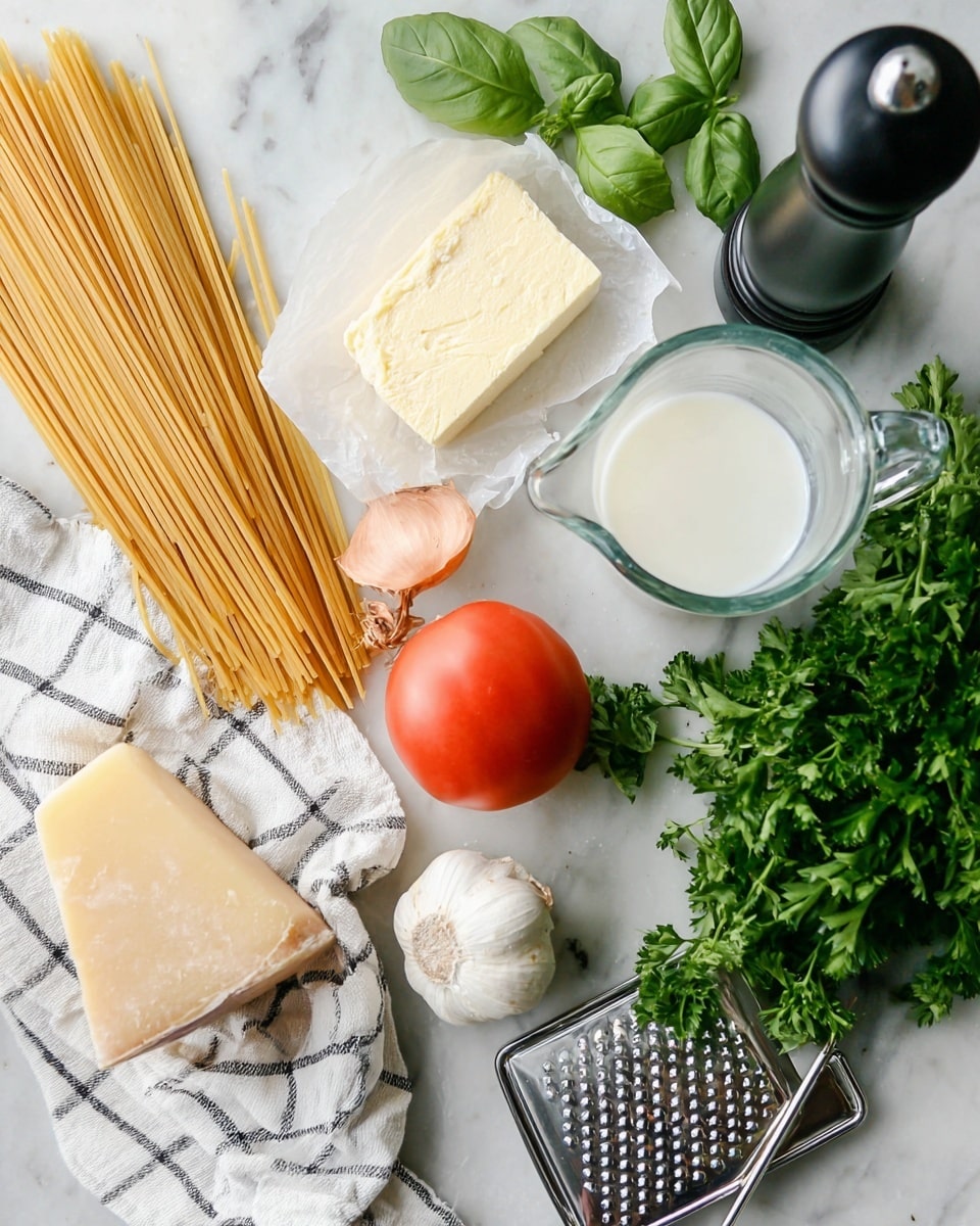 A close-up view of a skillet filled with creamy fettuccine pasta, showing long, flat, pale yellow noodles mixed with small green parsley pieces and black pepper, with a few tiny red bits scattered inside. A woman's hand is holding a fork lifting a bundle of noodles high above the skillet, creating a sense of motion. The skillet is metallic and sits on a white marbled surface, with a striped cloth nearby. The background is softly blurred, focusing attention on the creamy texture and fresh herbs on the pasta. Photo taken with an iphone --ar 4:5 --v 7