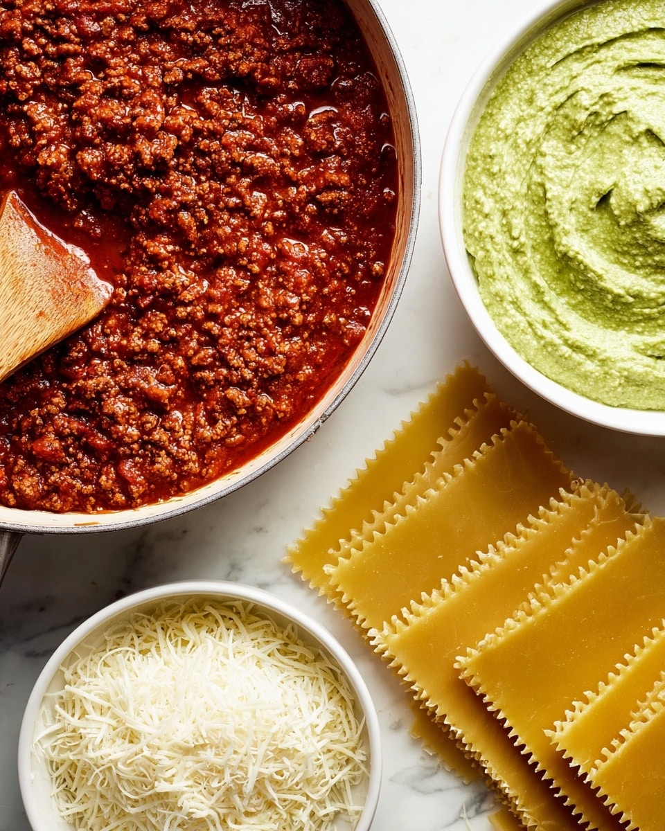 The image shows ingredients for lasagna arranged on a white marbled surface. On the top left, there is a white pot filled with thick, rich red meat sauce with visible ground meat texture, and a wooden spoon resting inside. Below and slightly to the center are several uncooked yellow lasagna sheets with wavy edges, stacked and spread out. To the top right, a large clear glass bowl holds a light green, creamy ricotta mixture with a smooth, slightly swirled texture. Below it, to the right, a white bowl contains finely shredded white mozzarella cheese piled high with a fluffy texture. photo taken with an iphone --ar 4:5 --v 7