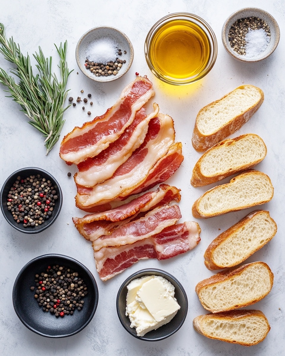 A small piece of toasted bread with a golden-brown crust forms the base layer, topped with dollops of white, creamy cheese. On top of the cheese, there are crispy, reddish-brown pieces of bacon arranged unevenly. The dish is placed on a white marbled surface. photo taken with an iphone --ar 4:5 --v 7
