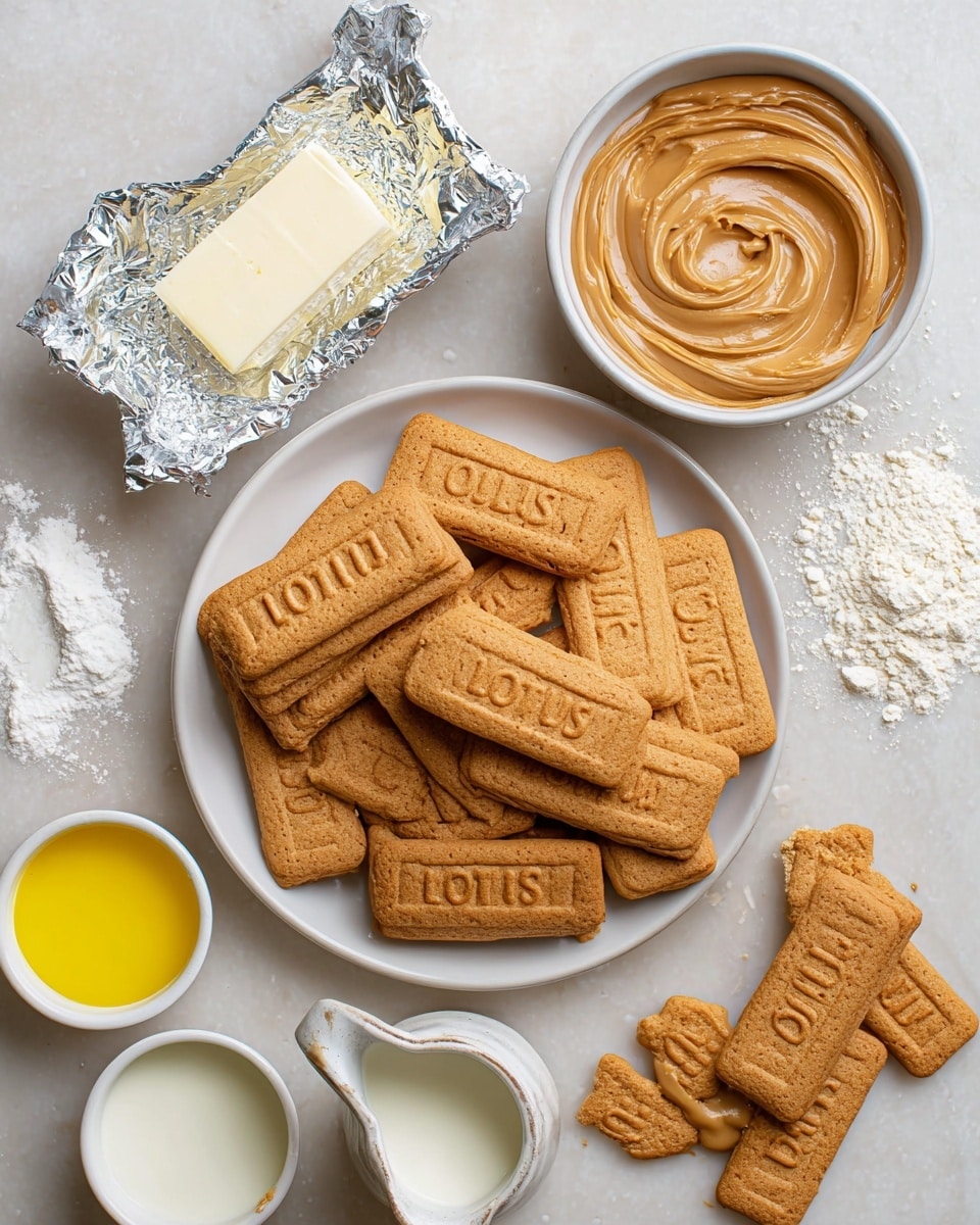 A clear glass cup shows three visible layers: the bottom layer is a crumbly, golden-brown cookie crust, the thick middle layer is creamy and light beige, and the top layer is a smooth, glossy caramel or butterscotch-colored sauce. A single rectangular golden cookie with a textured surface is placed standing upright on the top layer of the creamy dessert. Several similar cups are softly blurred in the background on a white marbled surface, with some loose cookies nearby. Photo taken with an iphone --ar 4:5 --v 7