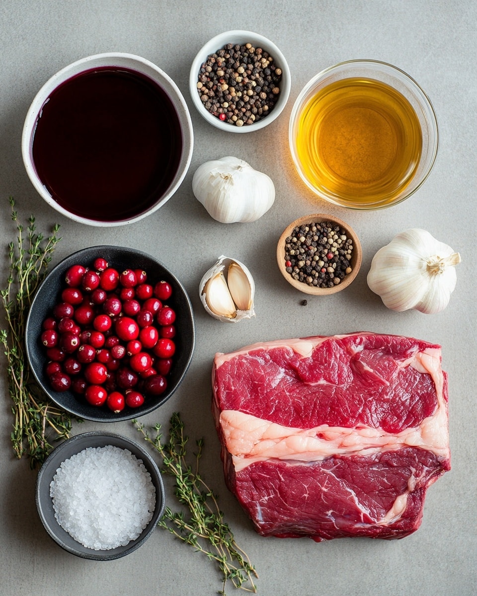A cast iron pan filled with cooked steak pieces in a dark reddish-brown sauce with whole cranberries and fresh green thyme sprigs scattered on top. The steak has a browned, slightly charred outside with visible pink inside on some parts, showing it is cooked medium. The sauce covers the meat and pools around the base, giving a shiny, moist texture. The pan sits on a white marbled surface. photo taken with an iphone --ar 4:5 --v 7