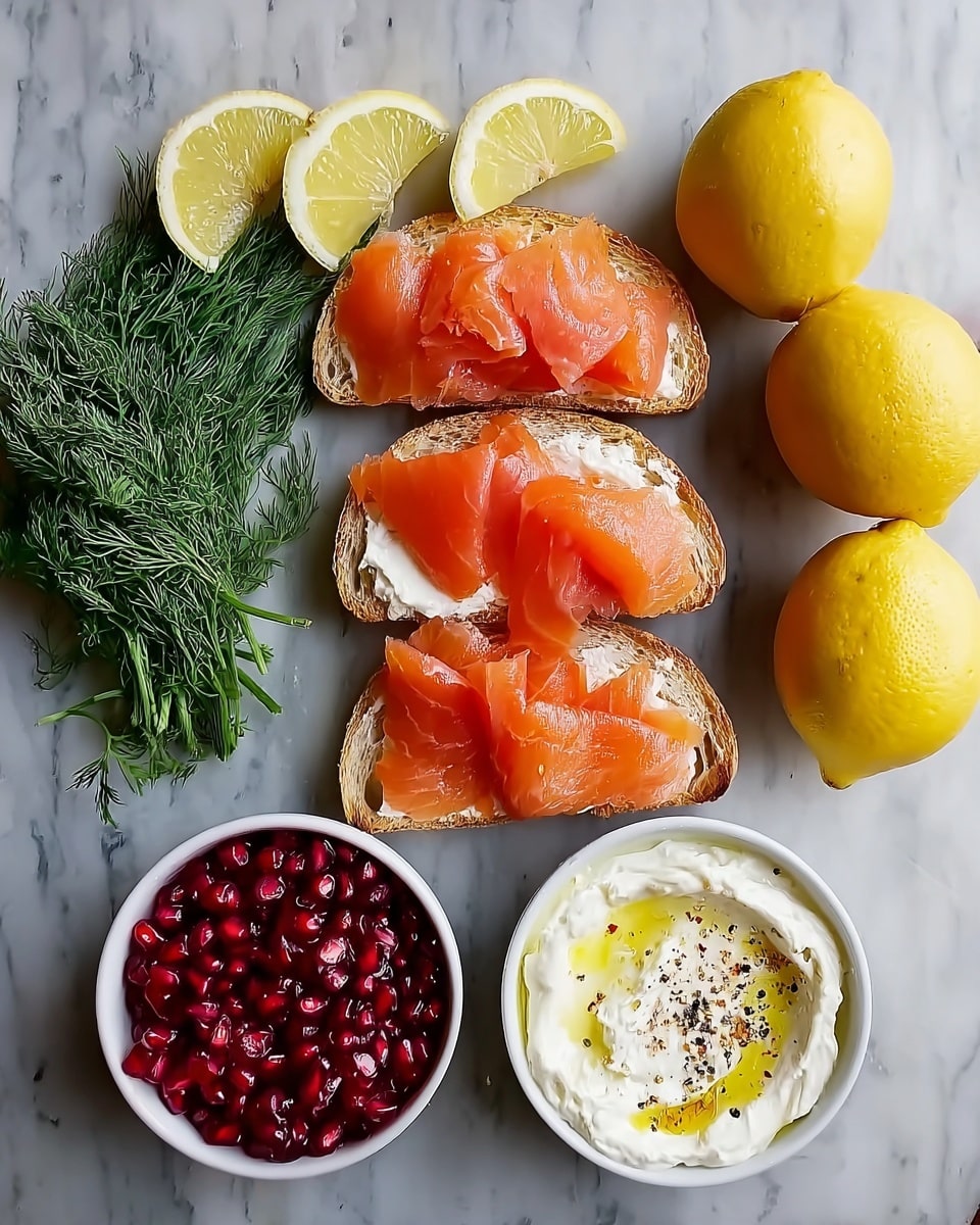 On a white marbled surface, there is a wooden cutting board holding three long pieces of bread with bright orange slices of smoked salmon layered on top, each piece showing the fish’s smooth, shiny texture. To the left of the bread, there is a bunch of fresh green dill with feathery leaves. Above the salmon, there are four thin lemon wedges, bright yellow with a juicy look. To the right of the salmon, there are two small white bowls: one filled with small, shiny red pomegranate seeds, and the other with white cream cheese topped with a drizzle of olive oil and a sprinkle of black pepper. Next to the bowls are two whole yellow lemons. The photo was taken with an iphone --ar 4:5 --v 7