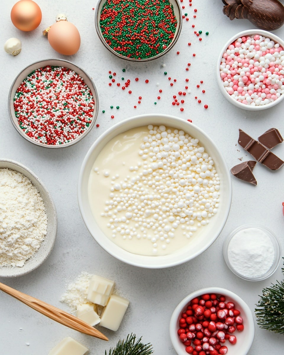 A white oval plate on a white marbled surface holds several round white treats, each decorated with three diagonal red stripes and small green sugar sprinkles scattered on top. One treat is shaped like a Christmas tree, also white with red stripes and green sprinkles. The treats have a smooth, glossy finish and are placed close together, filling the plate mostly. Part of a colorful box is seen near the bottom left edge of the image, adding a festive touch. Photo taken with an iphone --ar 4:5 --v 7