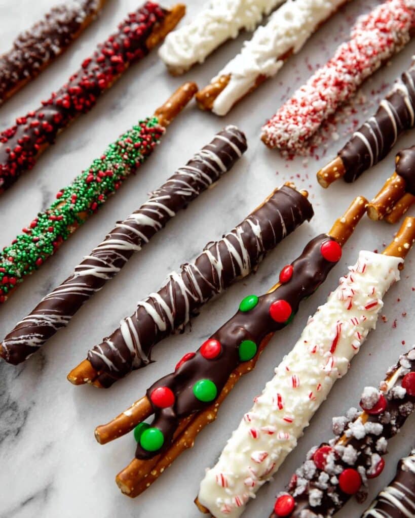 Festive Christmas Pretzel Rods with Candy Coatings and Sprinkles Recipe