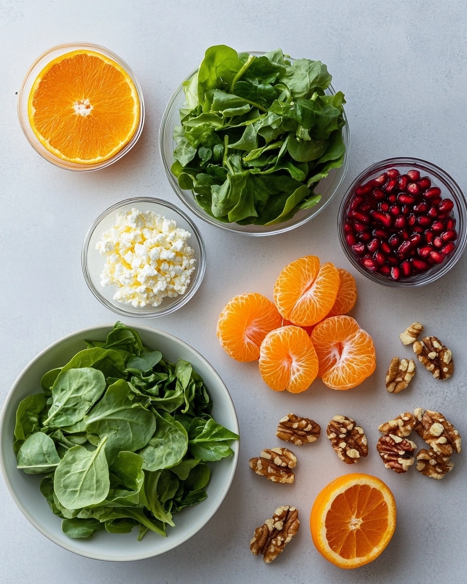 The image shows a salad in a round white bowl resting on a white marbled surface. The bottom layer is made of fresh green spinach and mixed leafy greens with dark and light green colors. On top of the greens, there are bright orange slices of mandarin arranged evenly around the bowl. Scattered between the mandarin slices are small, shiny, deep red pomegranate seeds. There are also crunchy, brown candied nuts spread out evenly on the salad. Small white pieces of crumbled cheese are sprinkled throughout the top, adding contrast to the vibrant colors below. The salad sits next to a white plate with more mandarin oranges and a golden fork, with a woman's hand holding a green and white spoon. The overall look is fresh, colorful, and textured, with a white marbled background giving a clean presentation. photo taken with an iphone --ar 4:5 --v 7