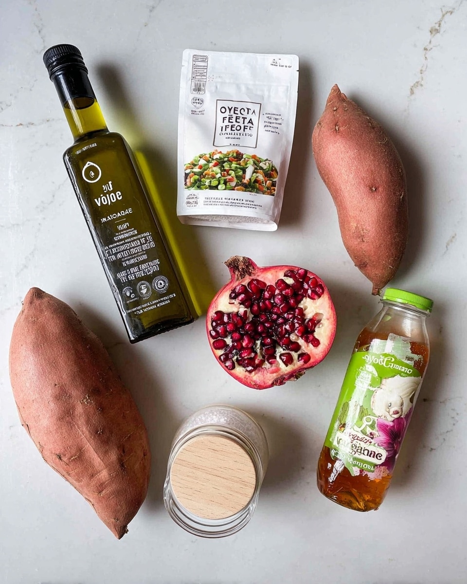 The image shows six food items arranged on a white marbled surface. On the left side is a tall dark green bottle of avocado oil with a green and white label. In the center top is a white package of dairy-free feta cheese with a picture of a salad on the front. Below the cheese, there is a half pomegranate with deep red seeds exposed. Below the pomegranate is a small clear jar labeled 