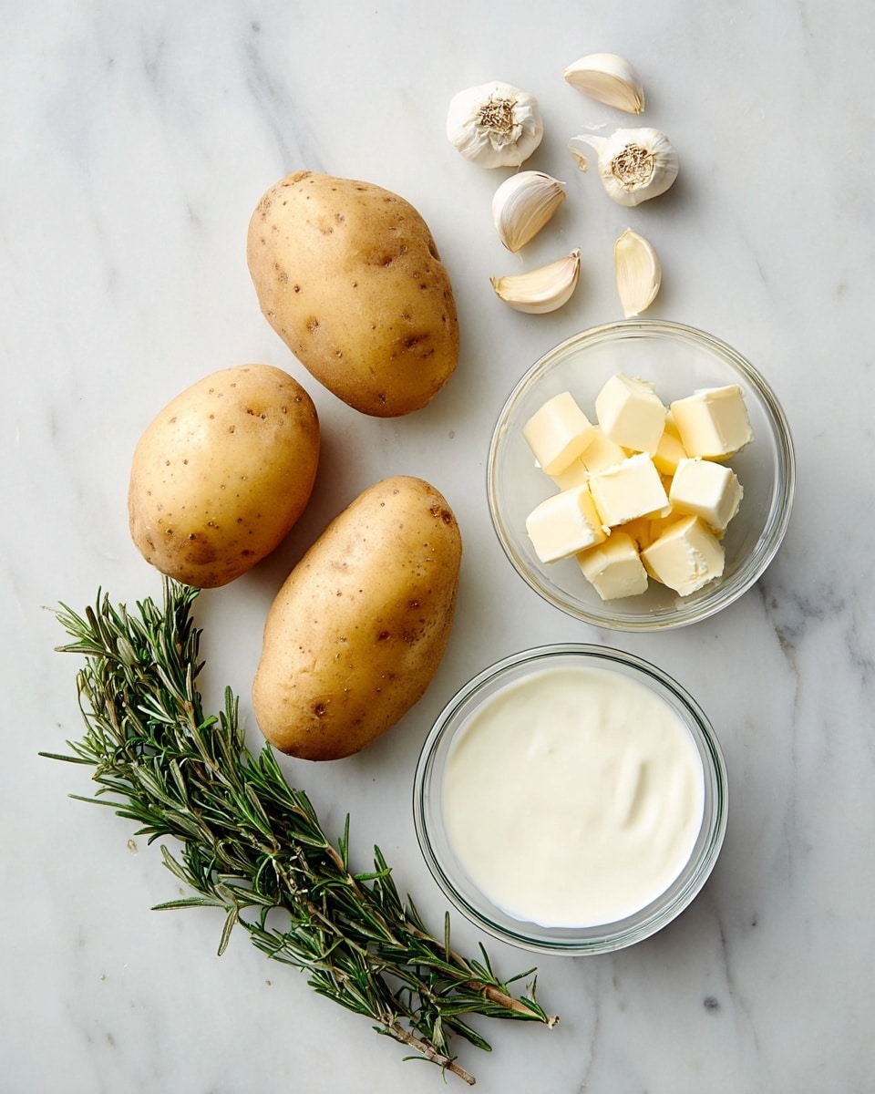 The image shows three whole light brown potatoes with slightly rough skin placed on a white marbled surface. Near them are three peeled garlic cloves, off-white in color and smooth in texture. To the right, two fresh green rosemary sprigs with needle-like leaves are arranged side by side. Above the potatoes, there is a small clear glass bowl filled with white cream, smooth on top. Next to the cream, another small clear glass bowl contains a few pale yellow butter cubes. photo taken with an iphone --ar 4:5 --v 7