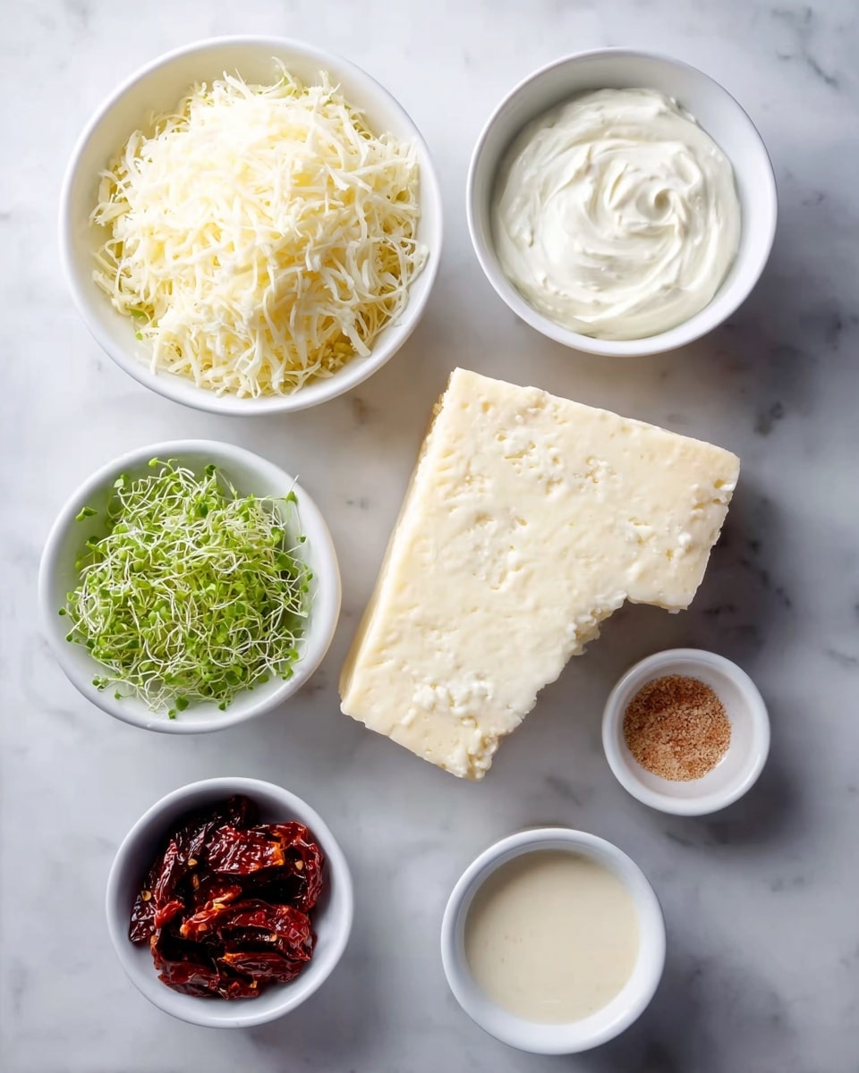 The image shows six white bowls and plates arranged on a white marbled surface. In the center is a large square block of crumbly white cheese with a rough texture. Above the cheese, there is a bowl filled with shredded pale yellow cheese, soft and stringy. To the right of the shredded cheese is a bowl with a smooth white creamy sauce. Below the cheese block is a small bowl with dried dark red slices that look like sun-dried tomatoes with some seeds visible. To the left of the cheese is a small bowl with light brown powdery spice and another small bowl with bright green fresh microgreens. Near the bottom left corner is a bowl filled with a thick white creamy liquid. The photo was taken with an iphone --ar 4:5 --v 7