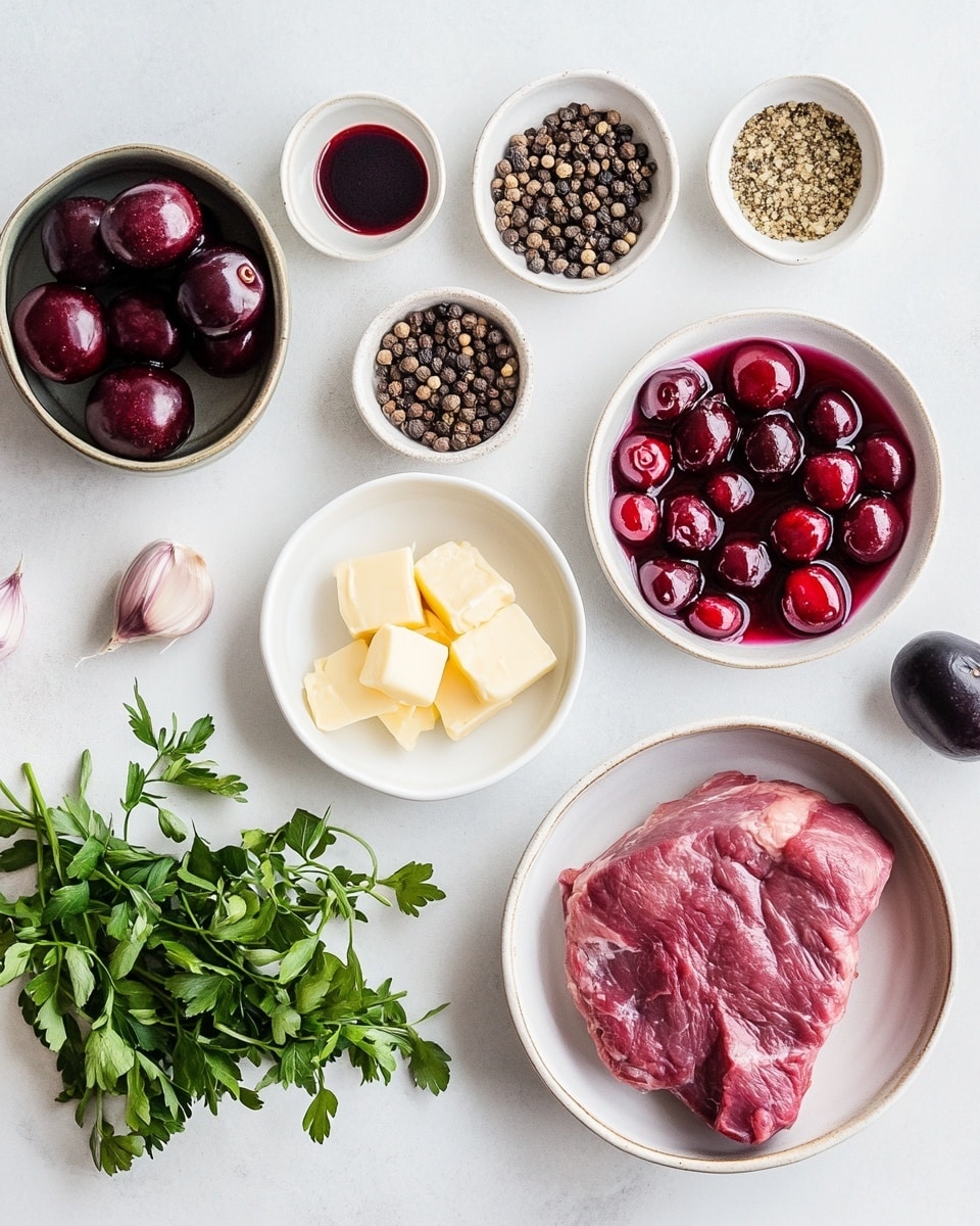 The dish shows two slices of medium-rare meat with a dark crust, layered on the left side of a white plate with a beige rim. The meat is topped with a thick, dark red-purple sauce that spills slightly onto the plate. On the right side of the plate is a large pile of fresh, bright green arugula leaves with a slightly glossy texture. The plate sits on a white marbled surface, and there is a beige cloth near the top right corner. A small bowl with more dark red-purple sauce and a spoon is partially visible at the bottom left corner. Photo taken with an iphone --ar 4:5 --v 7