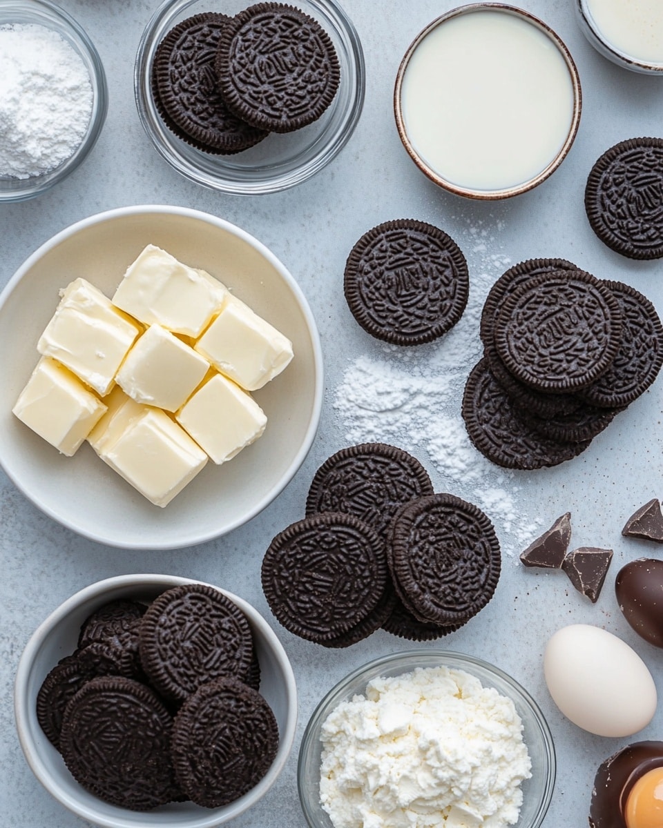 A collection of baking ingredients arranged on a white marbled surface including a rectangular block of cream cheese with a smooth, pale surface on the top left, a single brown egg positioned near the center, and a small white bowl filled with light golden honey. A stack of seven dark chocolate sandwich cookies with white cream filling is placed at the top right. Nearby, several small white bowls hold finely crushed red and white candy pieces, smooth white sour cream with a soft swirl on top, a fine white powder (likely flour) with a slight mound in the middle, and cubed pale cream cheese with uneven edges. photo taken with an iphone --ar 4:5 --v 7