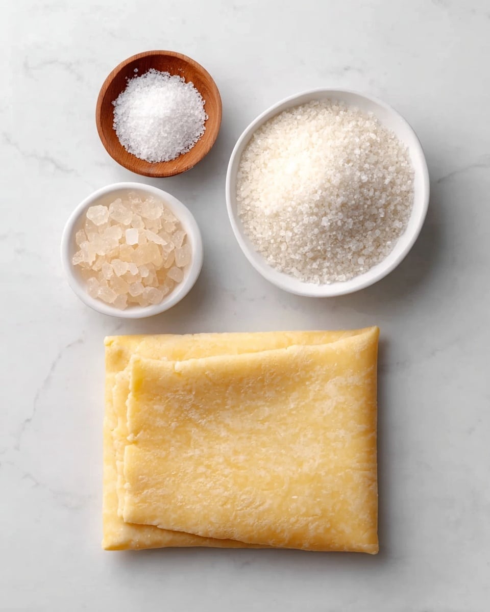 The image shows a flat, square piece of light yellow dough folded neatly on a white marbled surface. Above the dough, there are three small bowls placed close to each other; the largest white bowl on the right is filled with coarse light beige sugar crystals, the smaller white bowl on the left contains larger, clear white salt crystals, and a small wooden bowl above both holds fine white granulated sugar. The setting is clean and simple with a soft natural light highlighting the textures. Photo taken with an iphone --ar 4:5 --v 7
