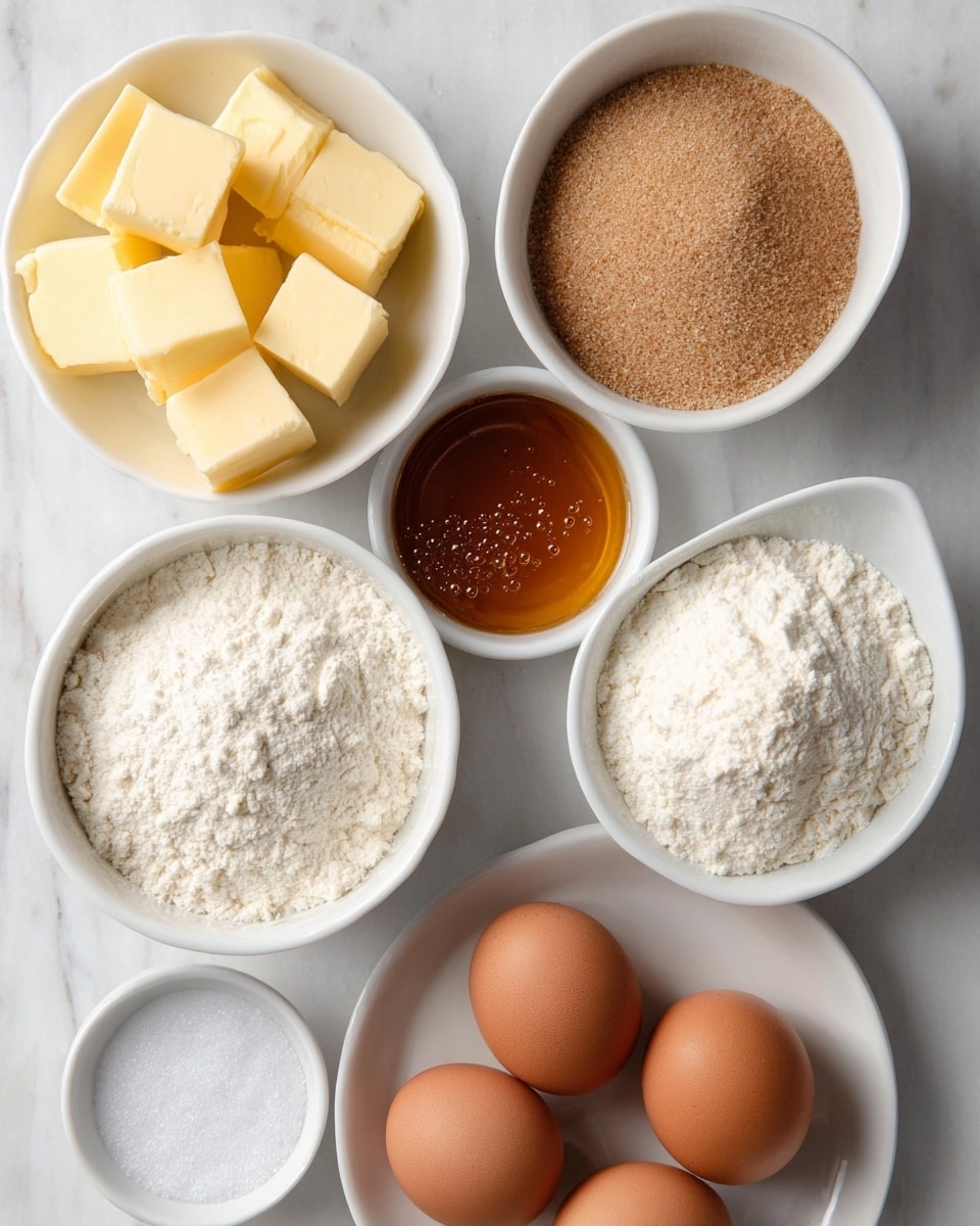 The image shows six separate white bowls and a white dish arranged on a white marbled surface. The top left bowl holds seven light yellow cubes of butter with a smooth, slightly shiny texture. To the right, a bowl contains a light brown powdery substance, likely cinnamon sugar, with a fine, grainy texture. Below the butter, a bowl is filled with a mound of white flour, soft and powdery. Next to it, a bowl contains a clear golden liquid, possibly honey or syrup, with tiny bubbles throughout. At the bottom left, a smaller bowl holds fine white granulated sugar. Lastly, in the white dish at the bottom right, there are three brown eggs with smooth shells. The arrangement is neatly spaced with good lighting, showing clear textures and colors. photo taken with an iphone --ar 4:5 --v 7
