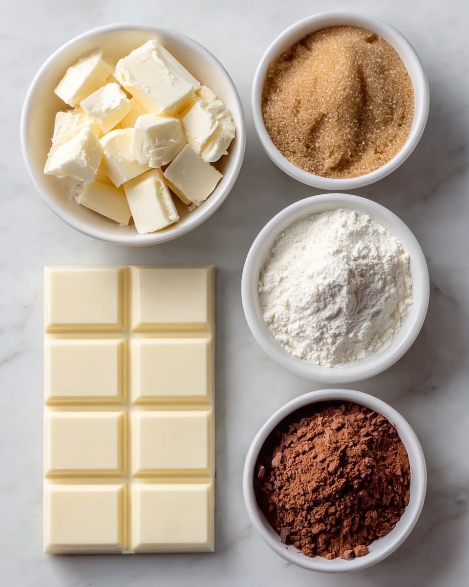 The image shows five bowls and one bar of white chocolate arranged on a white marbled surface. In the top left, there is a white bowl filled with chunks of butter. To the right of it, a smaller white bowl contains light brown sugar crystals. Below the butter, a large bar of white chocolate with a smooth and glossy texture lies flat. Next to the chocolate bar on the right side, there is another white bowl filled with fine white powdered sugar. In the bottom right corner, a small white bowl holds dark brown cocoa powder which is slightly piled up in the center. The arrangement is neat, and the colors range from creamy white to brown hues. photo taken with an iphone --ar 4:5 --v 7