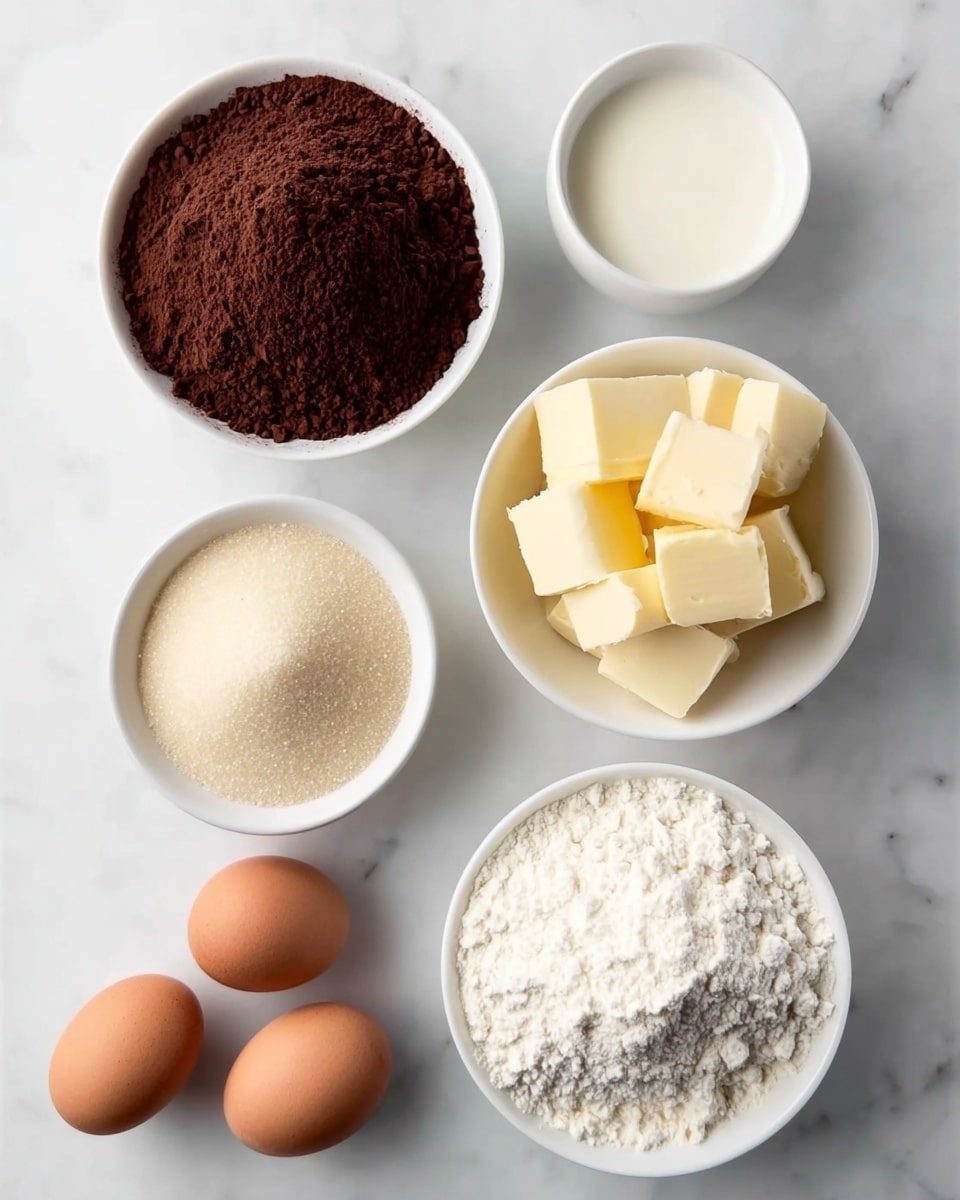 Five white bowls and three brown eggs are arranged on a white marbled surface. The top left bowl holds a dark brown powder that looks like cocoa, the top right bowl contains a small amount of white liquid, the middle right bowl is filled with several light yellow cubes of butter, the bottom left bowl holds fine white sugar, and the bottom right bowl is filled with white flour. The three brown eggs have a smooth texture and are placed side by side near the bottom left. photo taken with an iphone --ar 4:5 --v 7