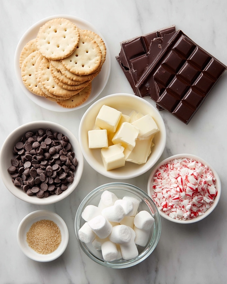 The image shows six small bowls and a stack of round crackers placed on a white marbled surface. At the top left is a stack of pale beige round crackers with small holes arranged in a neat pile. To the right of the crackers is a dark brown chocolate bar with distinct square sections. Below the crackers is a white bowl filled with small dark chocolate chunks. Next to it, a larger white bowl contains pale yellow butter cubes. In the center below the butter is a tiny white bowl with light brown granulated sugar. At the bottom left is a clear glass bowl with miniature white marshmallows and to its right is a white bowl filled with crushed red and white peppermint candy. Everything is well organized and clearly visible. Photo taken with an iphone --ar 4:5 --v 7