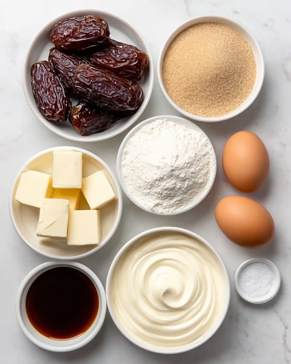 The image shows seven white bowls and two brown eggs arranged on a white marbled surface. The top left bowl contains six large, dark brown dates with a glossy, wrinkled texture. The top right bowl is filled with light brown sugar grains. Below the sugar, a small bowl holds a dark brown liquid, almost black in color. In the center, a bowl is heaped with fine white flour with some texture visible. Below the flour is a bowl with six pale yellow butter cubes stacked unevenly. To the right of the butter, there is a bowl filled with smooth, creamy white yogurt. Finally, a small bowl with white salt is placed between the yogurt and the dark liquid, with the two brown eggs resting directly on the surface on the left side near the flour. The lighting is soft and natural, and the setup is neat and organized. photo taken with an iphone --ar 4:5 --v 7