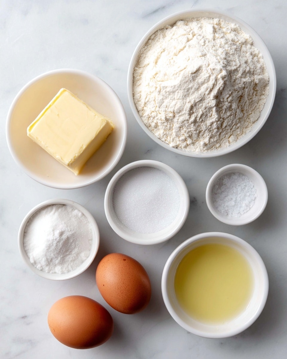 The image shows six white bowls and two brown eggs arranged on a white marbled surface. In the center is a large bowl filled with white flour, with a slightly rough and powdery texture. Above it, to the left, is a medium bowl holding a pale yellow square block of butter with smooth edges and a soft surface. Next to the butter, on the right, are two brown eggs with smooth shells. Below the flour bowl, on the left, is a small bowl containing white granulated sugar, and below the sugar, a small bowl holds a pale yellow liquid, likely oil or vinegar. On the bottom right is a small bowl with fine white salt. The items are neatly spaced and clearly visible, photo taken with an iphone --ar 4:5 --v 7