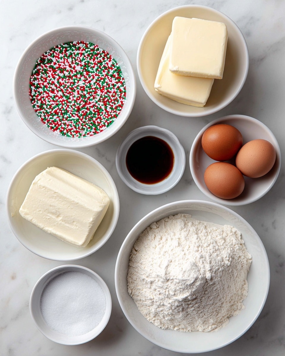 The image shows several white bowls and three brown eggs on a white marbled surface. One bowl is filled with a mound of white flour. Another bowl has colorful small round sprinkles in green, red, white, and pink. One bowl contains white granulated sugar, and another has a dark brown liquid, likely vanilla extract. There are two small bowls with butter—one with two stacked square pieces, pale yellow in color, and the other with a pat of cream cheese or a similar soft white block sitting on a spread of the same. Three whole eggs are arranged near the center-right of the composition. The overall setup is clean and organized, with a top-down view. photo taken with an iphone --ar 4:5 --v 7