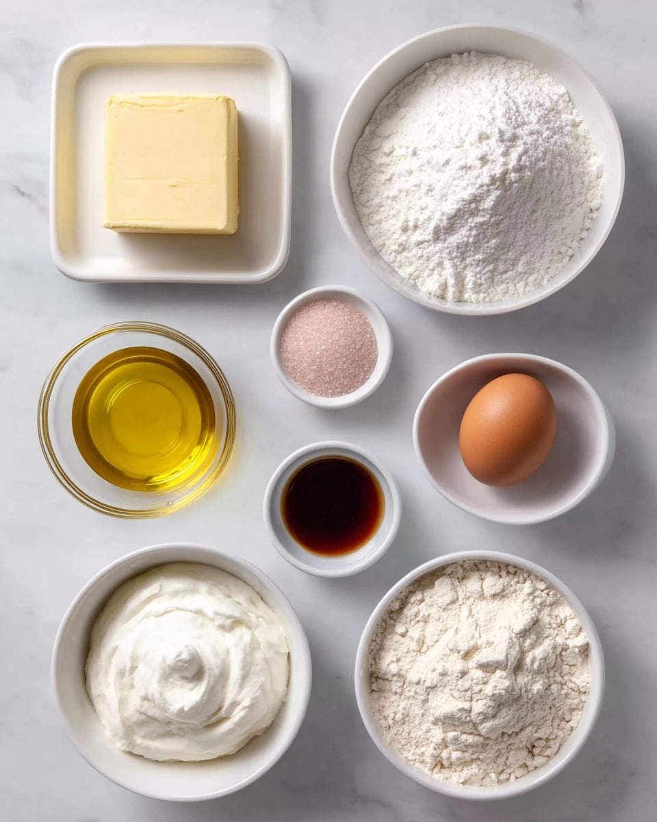 The image shows eight small white bowls and a white square dish arranged neatly on a white marbled surface. In the top left white square dish, there is a solid, smooth block of light yellow butter. To its right in a white bowl, there is a mound of fine white powder with a soft texture, likely flour. Below the butter, a small white bowl contains light purple granulated sugar. Next to that, a clear glass bowl filled with golden-yellow oil is placed. Below the flour bowl, a larger white bowl is filled with a bigger mound of light white powdery substance with a slightly coarse texture. A small white bowl below the oil has thick white cream-like substance with a smooth texture. In the center, a tiny white bowl holds dark brown vanilla extract. To the right bottom corner, an egg with a smooth brown shell rests in another white bowl. Lastly, next to the egg, a tiny clear glass bowl contains white grains, probably salt. Photo taken with an iphone --ar 4:5 --v 7