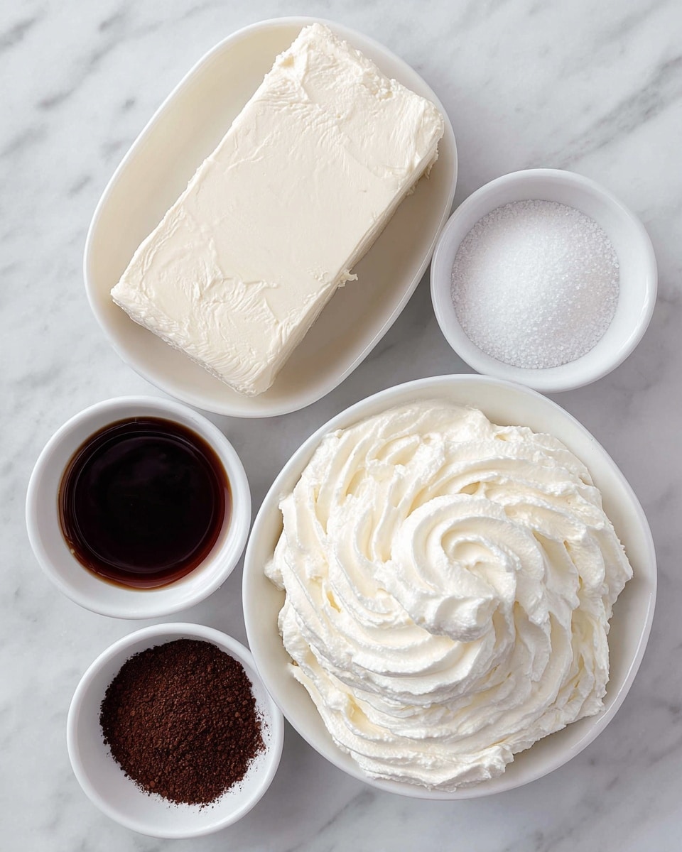The image shows four white bowls and one block of cream cheese arranged on a white marbled surface. The largest white bowl at the bottom center is filled with a fluffy, whipped white cream. To the upper right of the whipped cream bowl is a smaller white bowl with a dark, glossy liquid, likely vanilla extract. Above that, in the top right corner, is another small white bowl full of fine white granulated sugar. To the left of the sugar bowl is a medium-sized block of smooth, pale cream cheese with slight surface texture. Below the block of cream cheese is a small white bowl containing a fine brown powder. Each item is clearly separated and easy to see. photo taken with an iphone --ar 4:5 --v 7