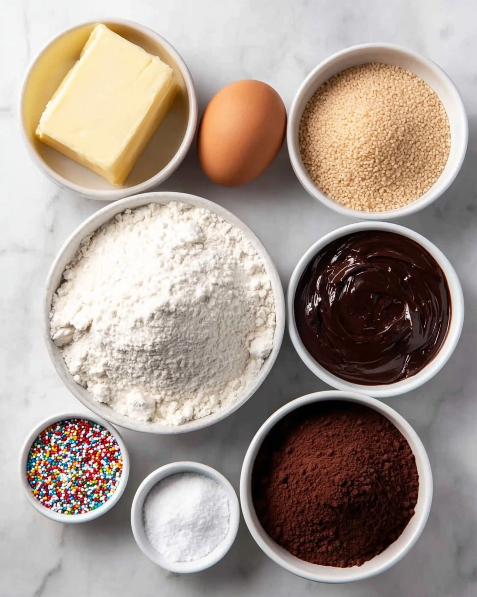 The image shows eight white bowls and one brown egg arranged on a white marbled surface. The largest bowl contains a mound of white flour with a slightly rough texture on the top right. Next to it on the left is a bowl filled with dark brown cocoa powder piled high. Below the flour, there is a bowl with thick, smooth dark chocolate cream swirled on top. Above the flour and cocoa to the left is a small plate with a square block of pale yellow butter. Next to the egg on the right is a bowl of light brown sugar granules. Below the cocoa powder are small bowls holding white salt, fine white sugar, and colorful round sprinkles in red, blue, yellow, white, and pink. The egg is smooth and brown, placed near the center. The photo taken with an iphone --ar 4:5 --v 7