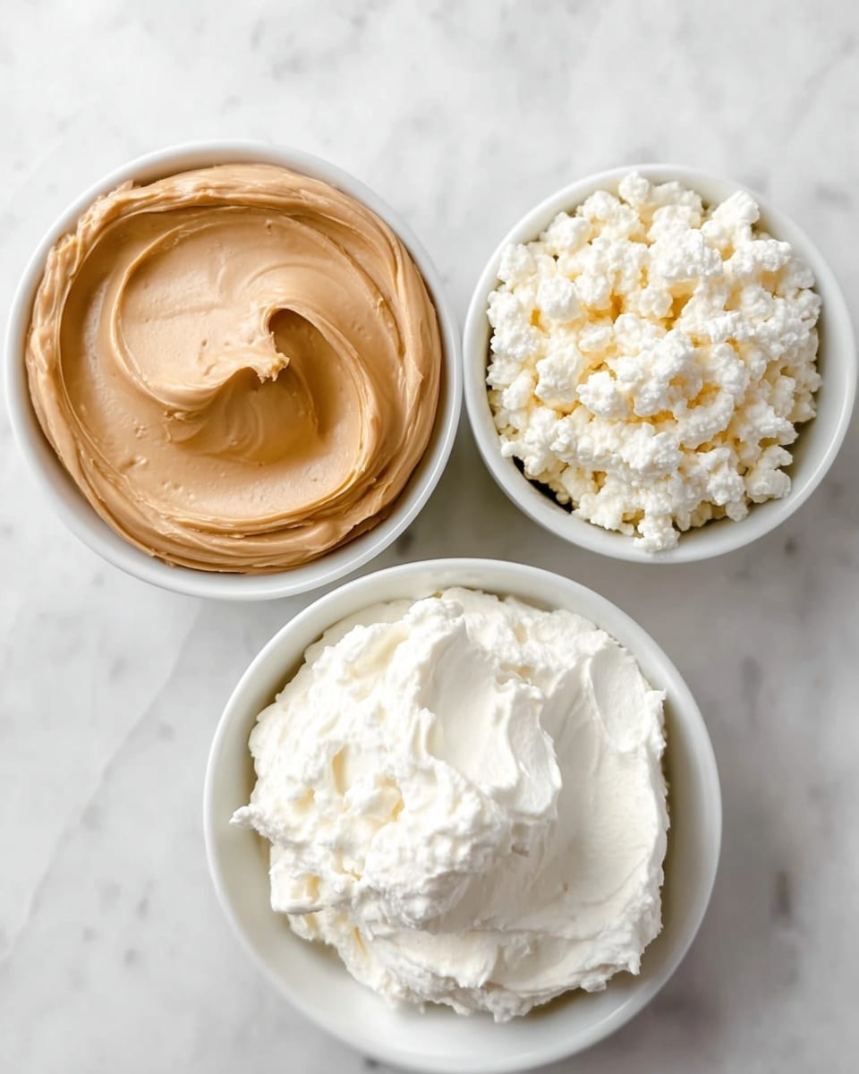 The image shows three white bowls placed on a white marbled surface. The largest bowl at the bottom contains a thick, smooth layer of white cream cheese with a soft, whipped texture. The top right bowl holds crumbly, small white curds of cottage cheese, loosely piled. The top left bowl is filled with smooth, peanut butter-colored creamy peanut butter with a slight swirl in the middle. The three bowls create a triangular arrangement, focusing on the different textures and shades of light brown and white in the cheeses and peanut butter. Photo taken with an iphone --ar 4:5 --v 7