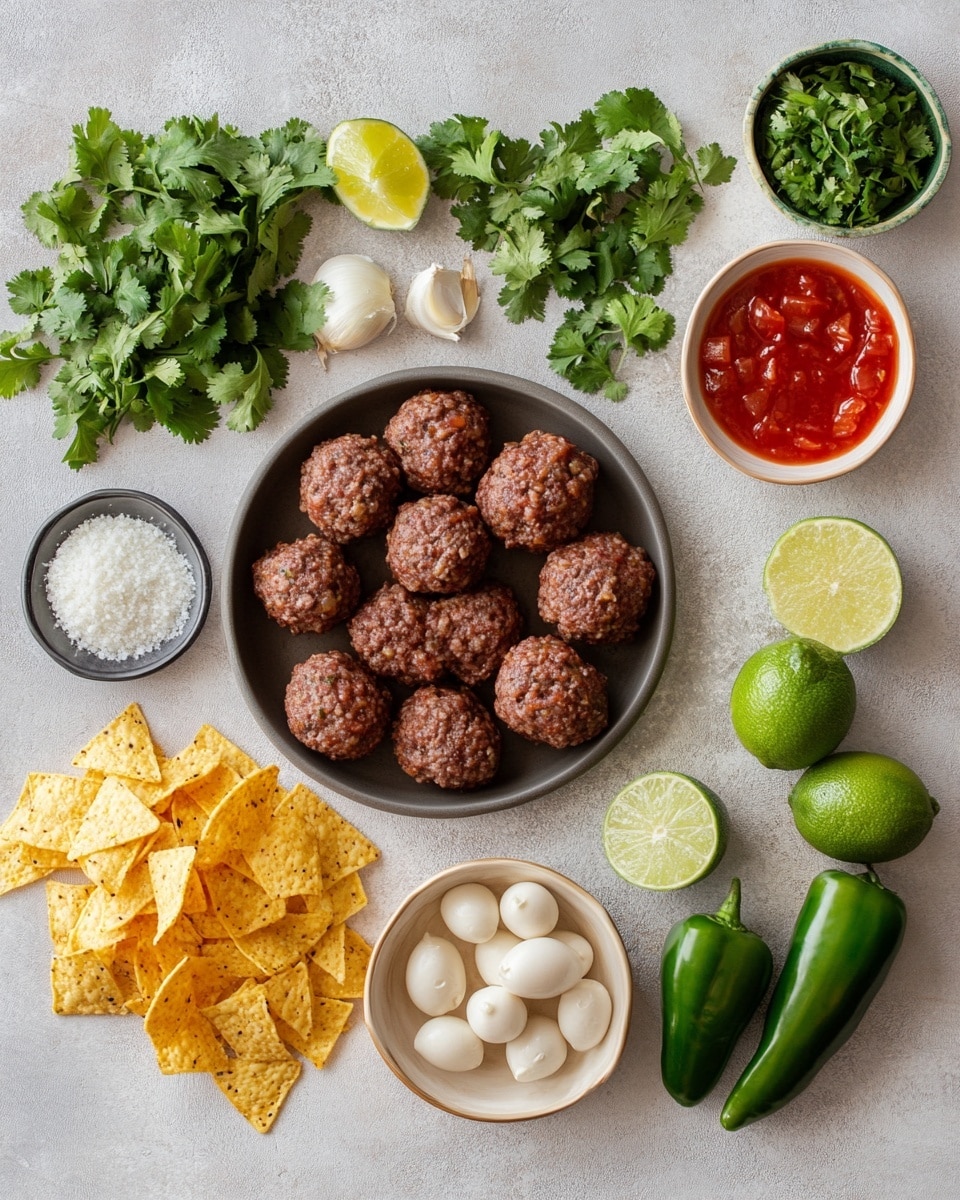 The white plate holds seven round, browned meatballs with a slightly crispy texture, each topped with melted orange-yellow cheese, a thin red chili slice, and a fresh green cilantro leaf. Around the meatballs are bright green lime wedges and small pieces of diced purple onion, all placed on a white marbled surface. The colors contrast well with the deep brown of the meatballs and the vibrant garnishes. photo taken with an iphone --ar 4:5 --v 7