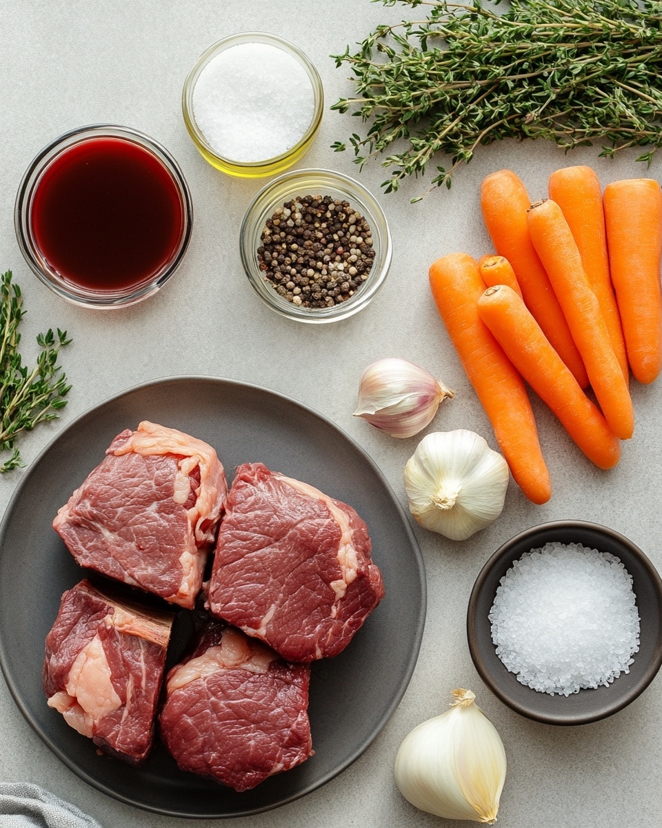 A large, dark brown piece of slow-cooked meat sits in the center of a white bowl. The meat is tender with visible texture and topped with a glossy deep red sauce filled with whole cranberries. A small green herb sprig rests on top of the sauce. The meat is placed over a layer of creamy, light yellow mashed potatoes that fill the bottom of the bowl. Around the sides of the mashed potatoes and meat are small orange carrot pieces mixed into the sauce, all sitting on a white marbled surface. Photo taken with an iphone --ar 4:5 --v 7